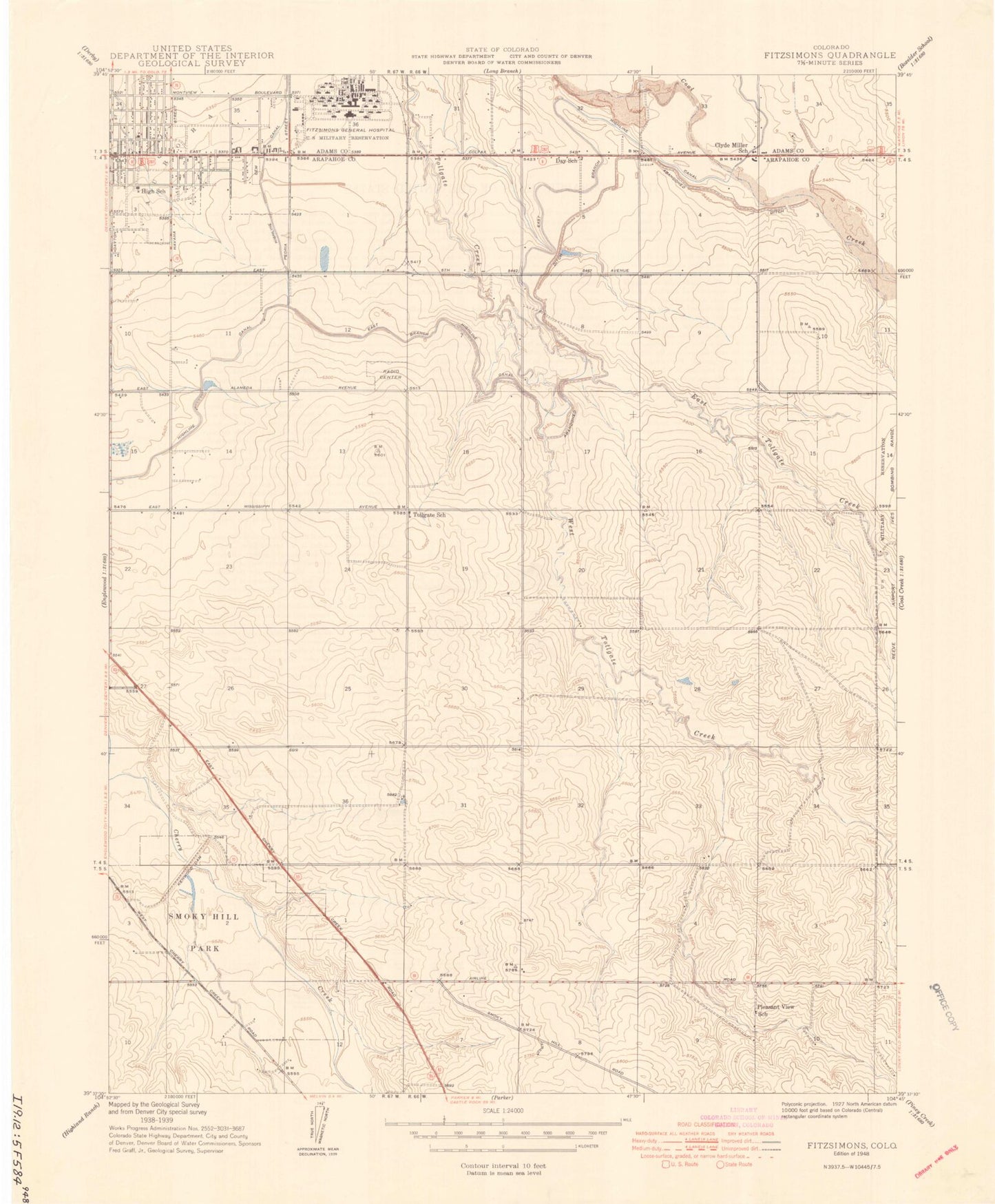 Classic USGS Fitzsimons Colorado 7.5'x7.5' Topo Map Image