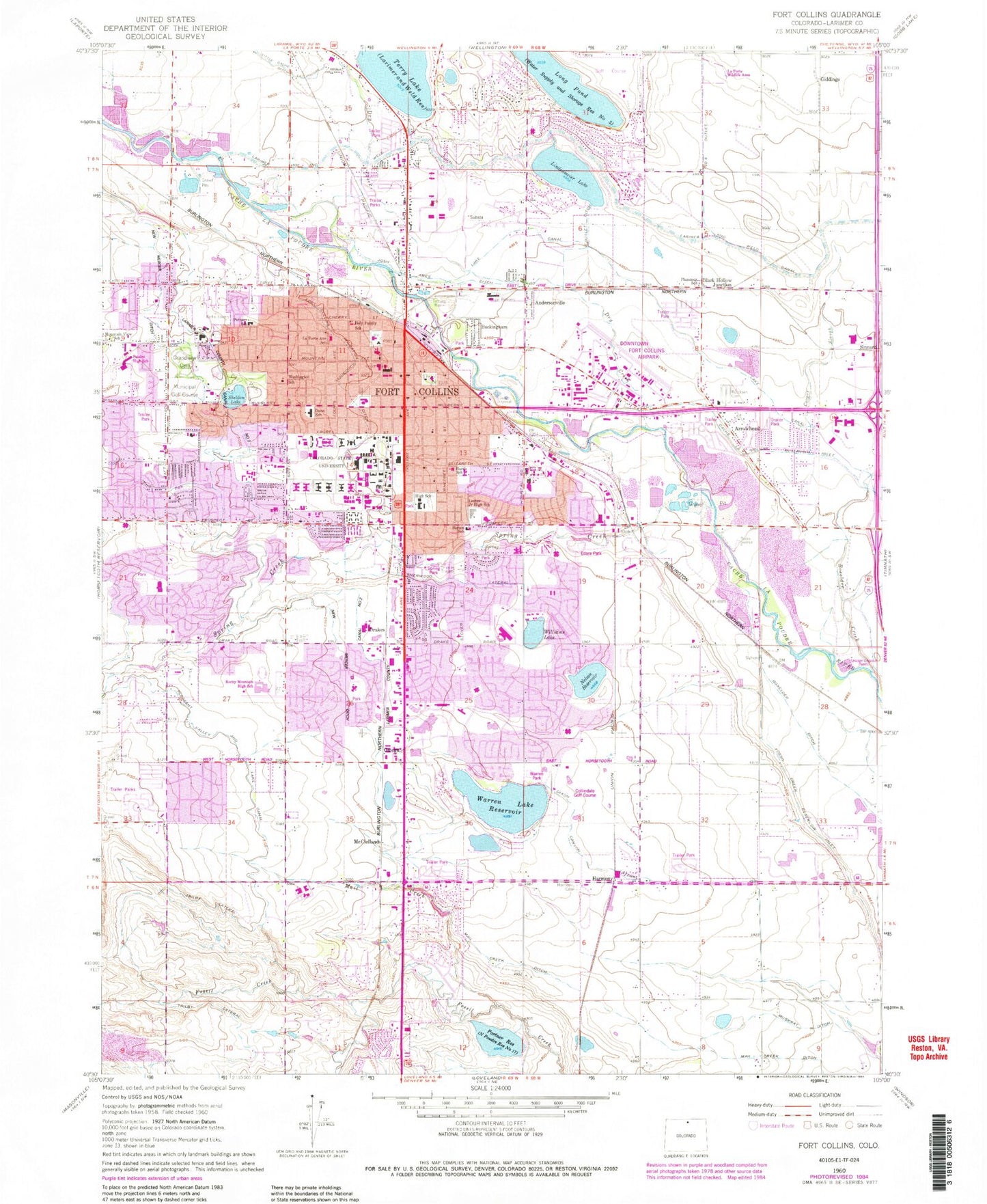 Classic USGS Fort Collins Colorado 7.5'x7.5' Topo Map Image