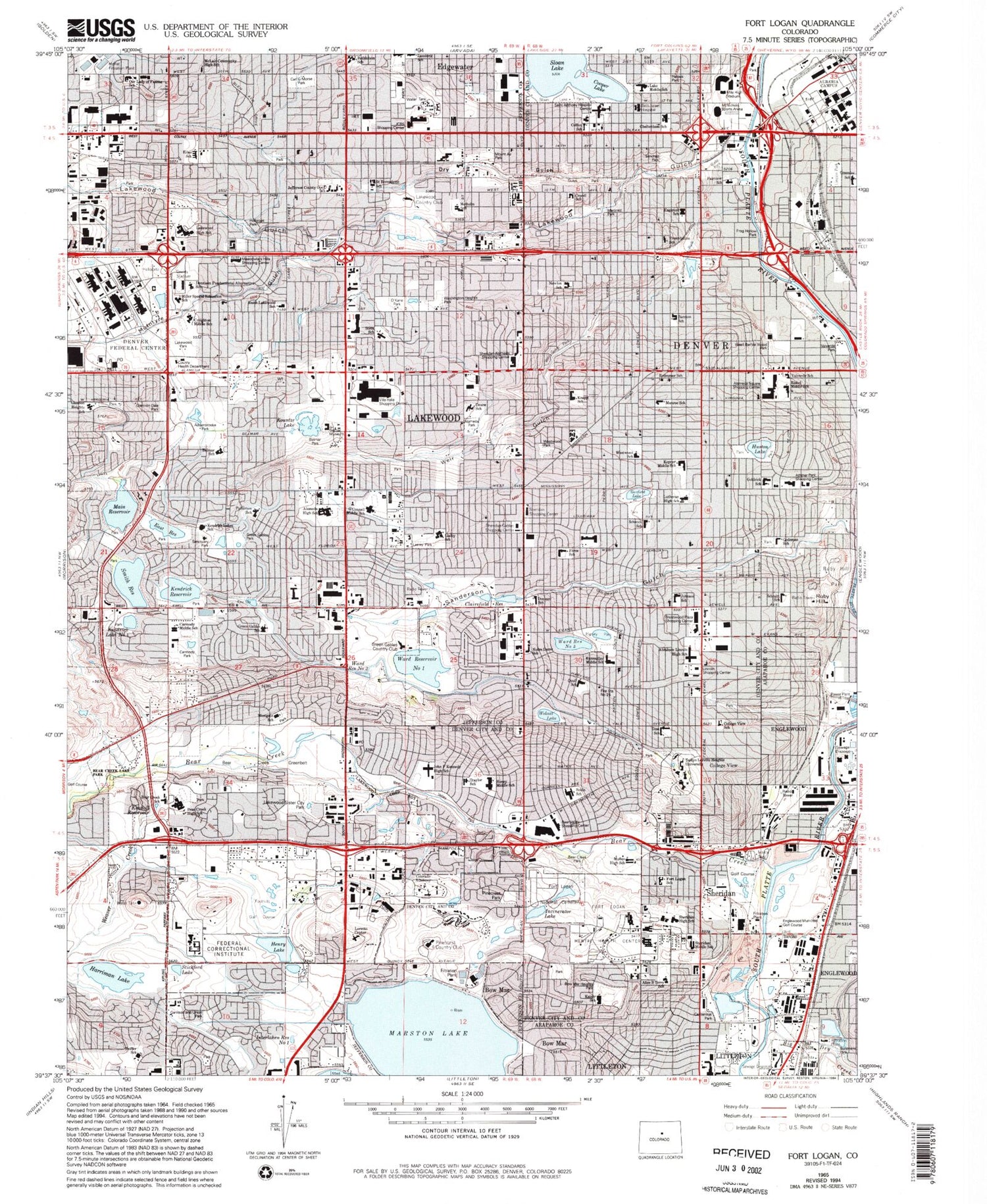 Classic USGS Fort Logan Colorado 7.5'x7.5' Topo Map Image