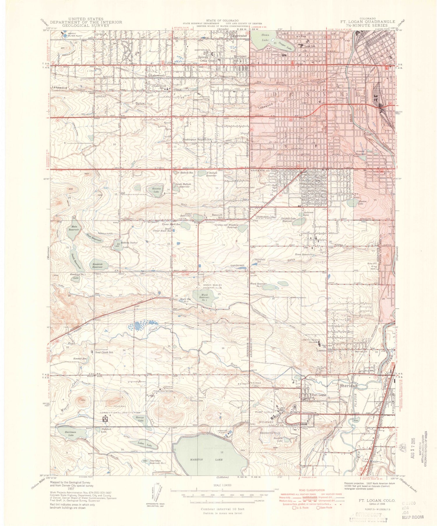 Classic USGS Fort Logan Colorado 7.5'x7.5' Topo Map Image