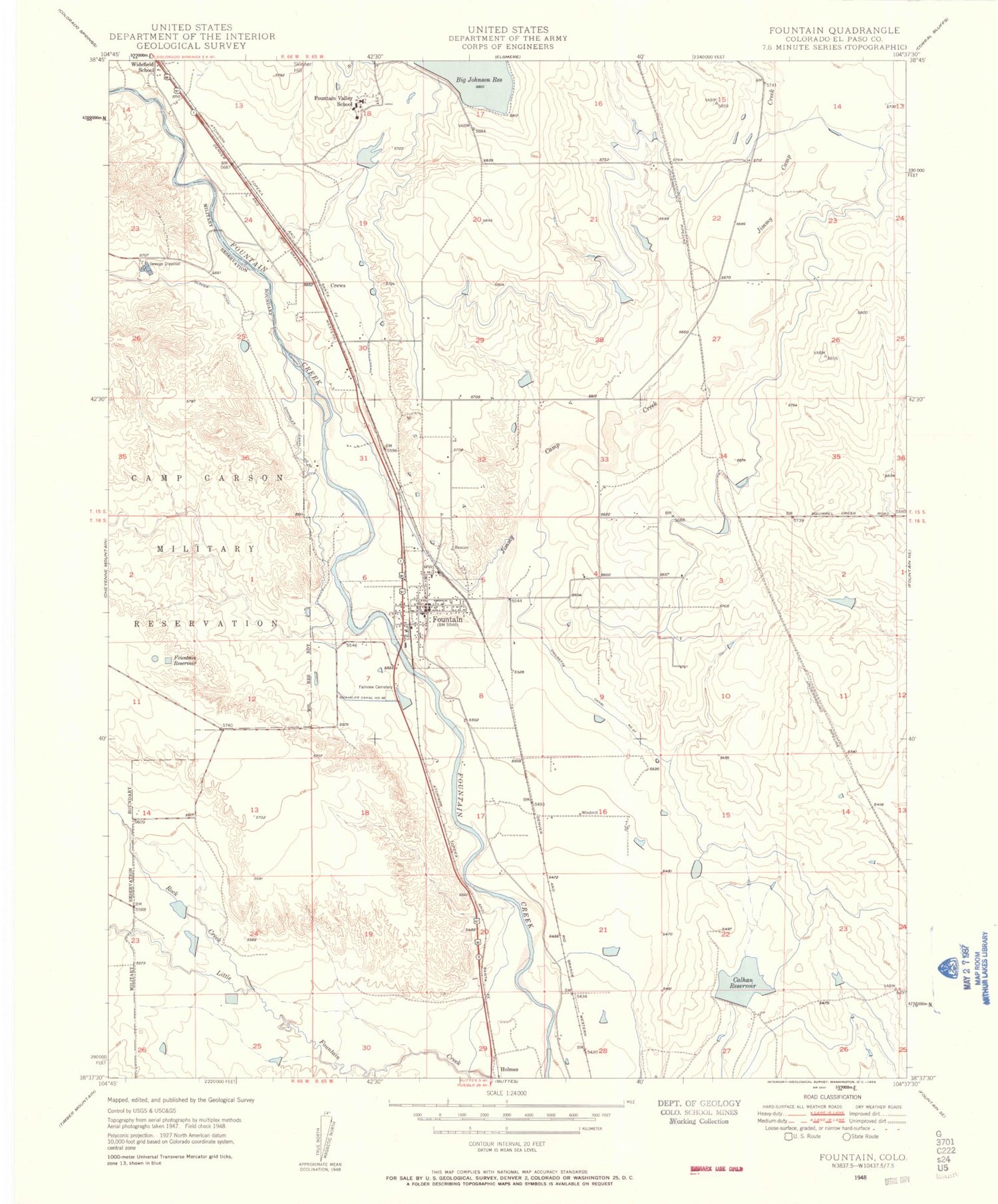Classic USGS Fountain Colorado 7.5'x7.5' Topo Map Image