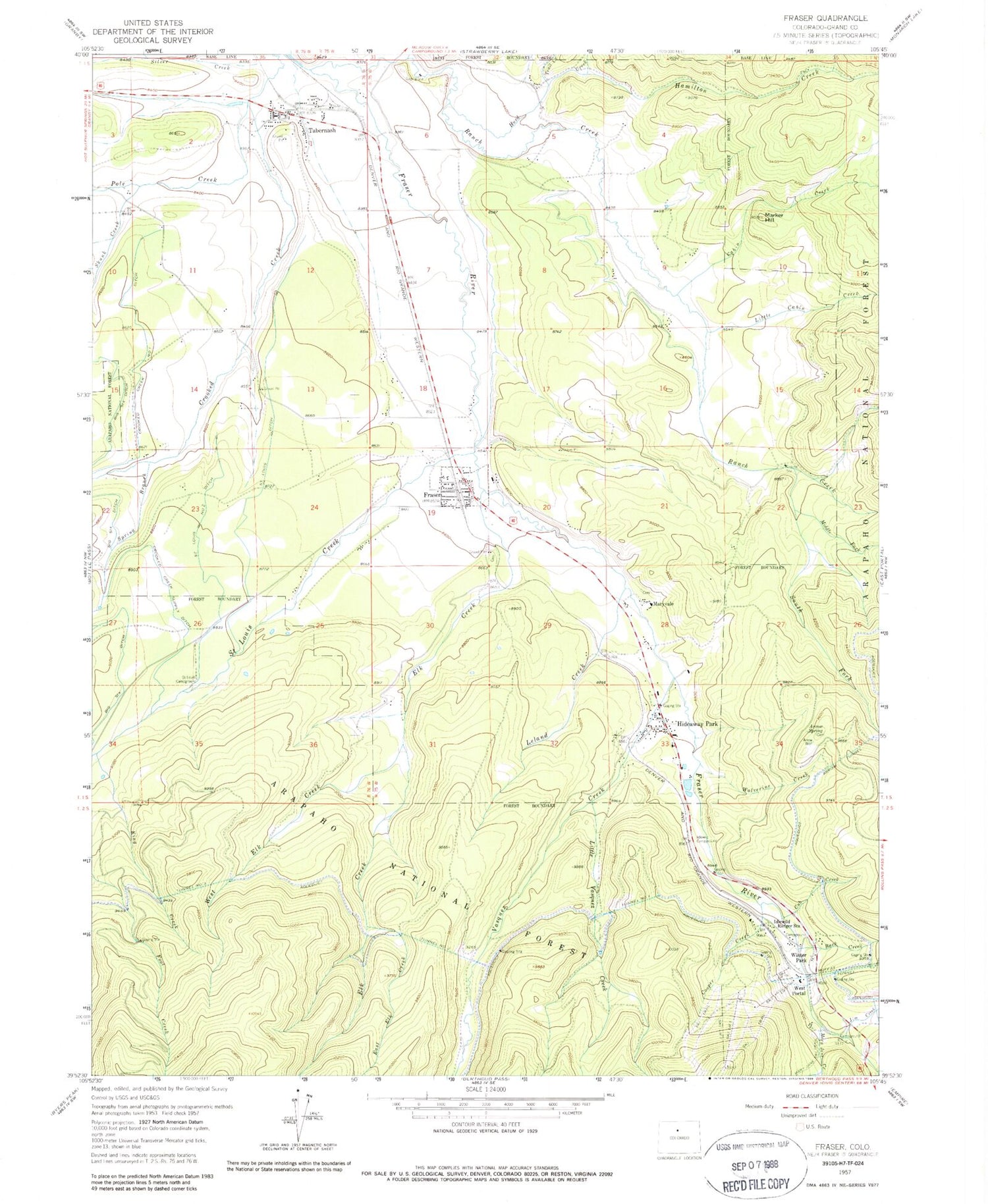 Classic USGS Fraser Colorado 7.5'x7.5' Topo Map Image