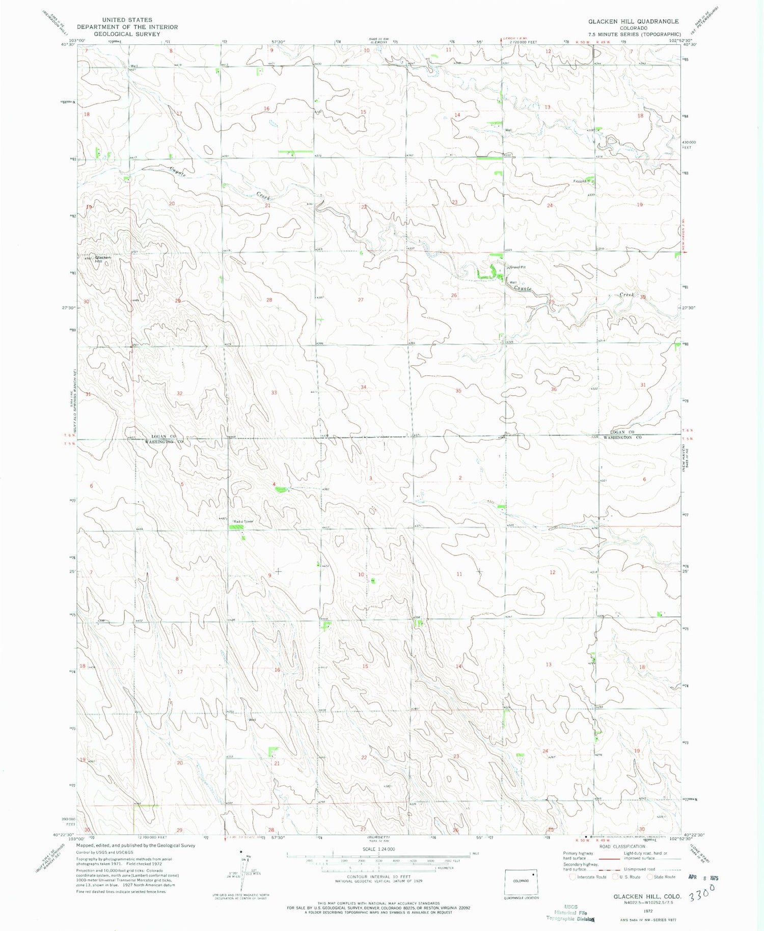 Classic USGS Glacken Hill Colorado 7.5'x7.5' Topo Map Image