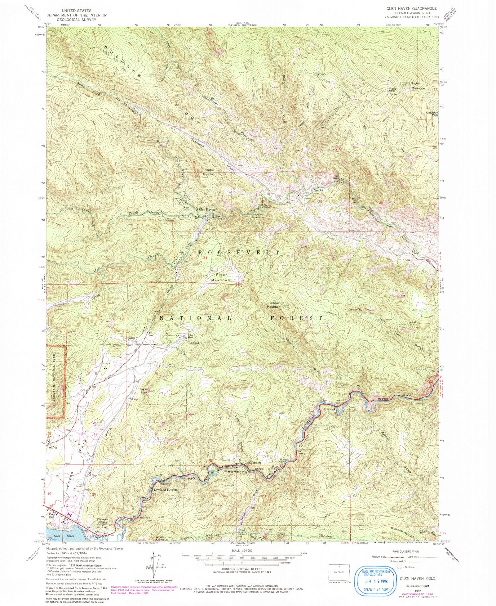 Classic USGS Glen Haven Colorado 7.5'x7.5' Topo Map MyTopo Map Store