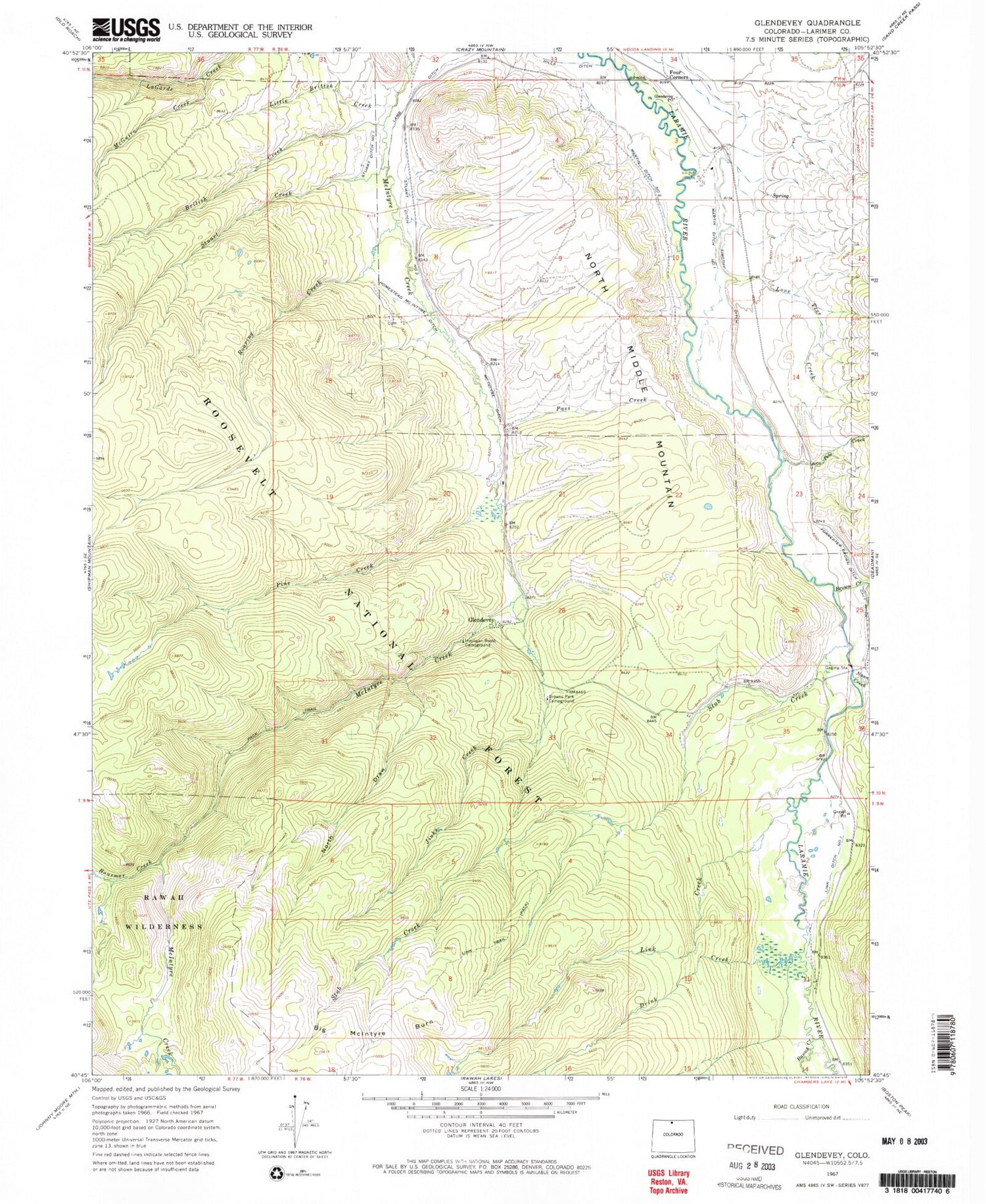 Classic USGS Glendevey Colorado 7.5'x7.5' Topo Map Image