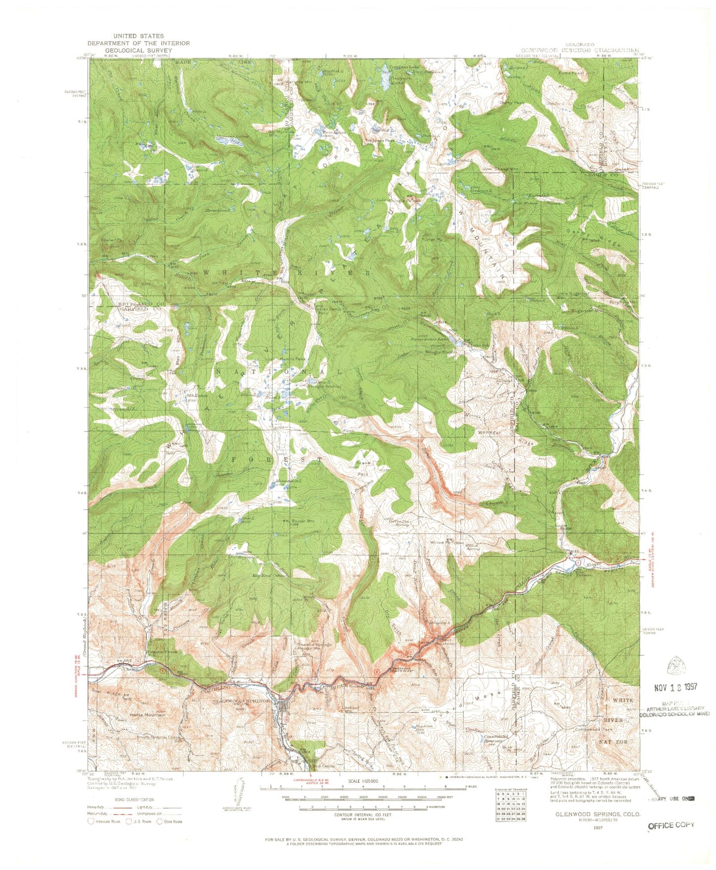 Historic 1927 Glenwood Springs Colorado 30'x30' Topo Map Image