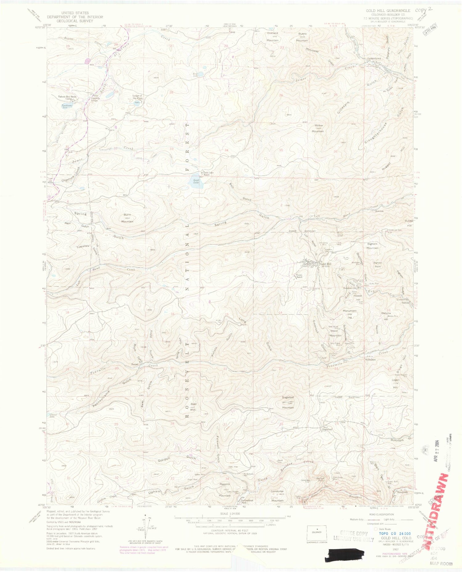 Classic USGS Gold Hill Colorado 7.5'x7.5' Topo Map Image