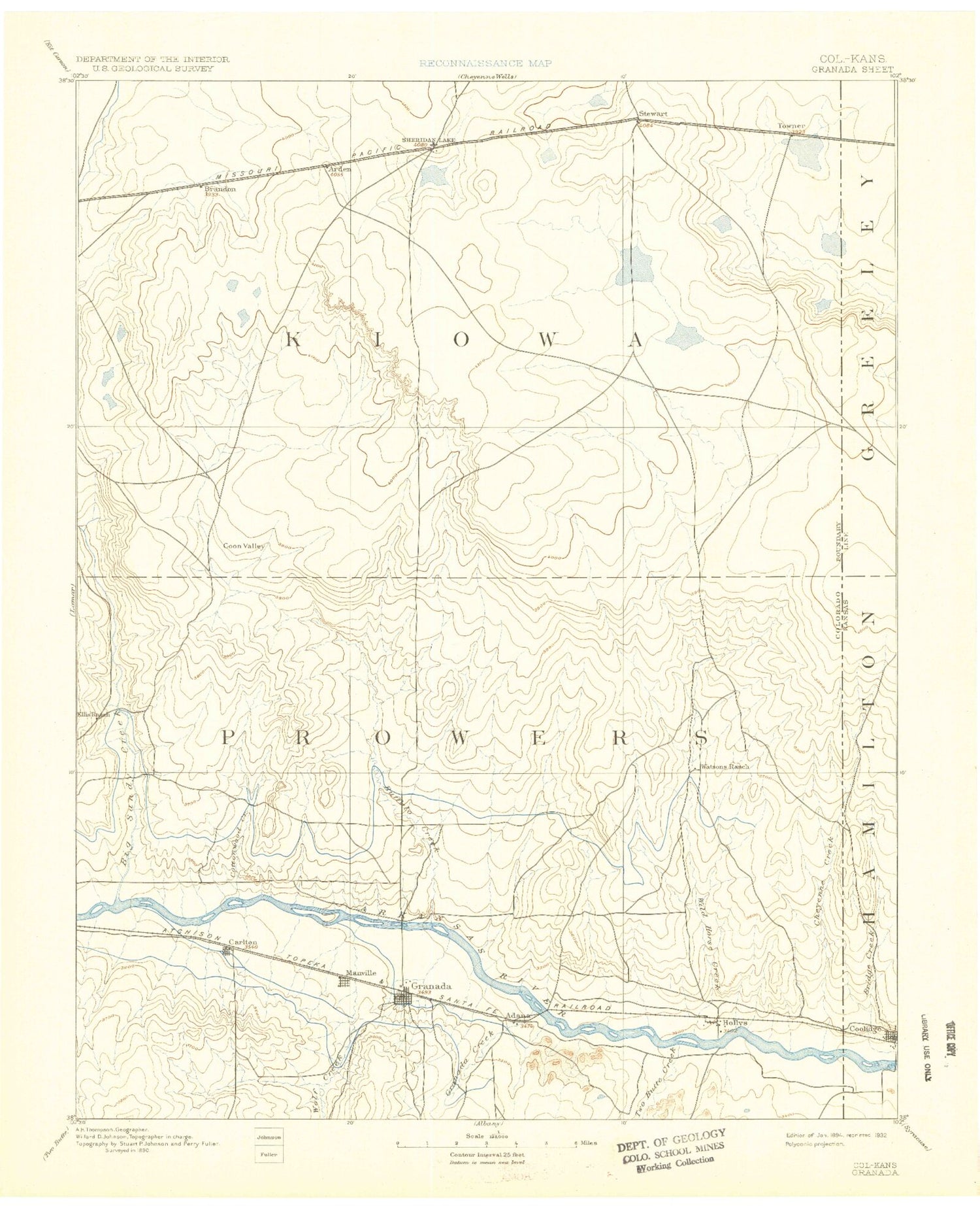 Historic 1894 Granada Colorado 30'x30' Topo Map Image