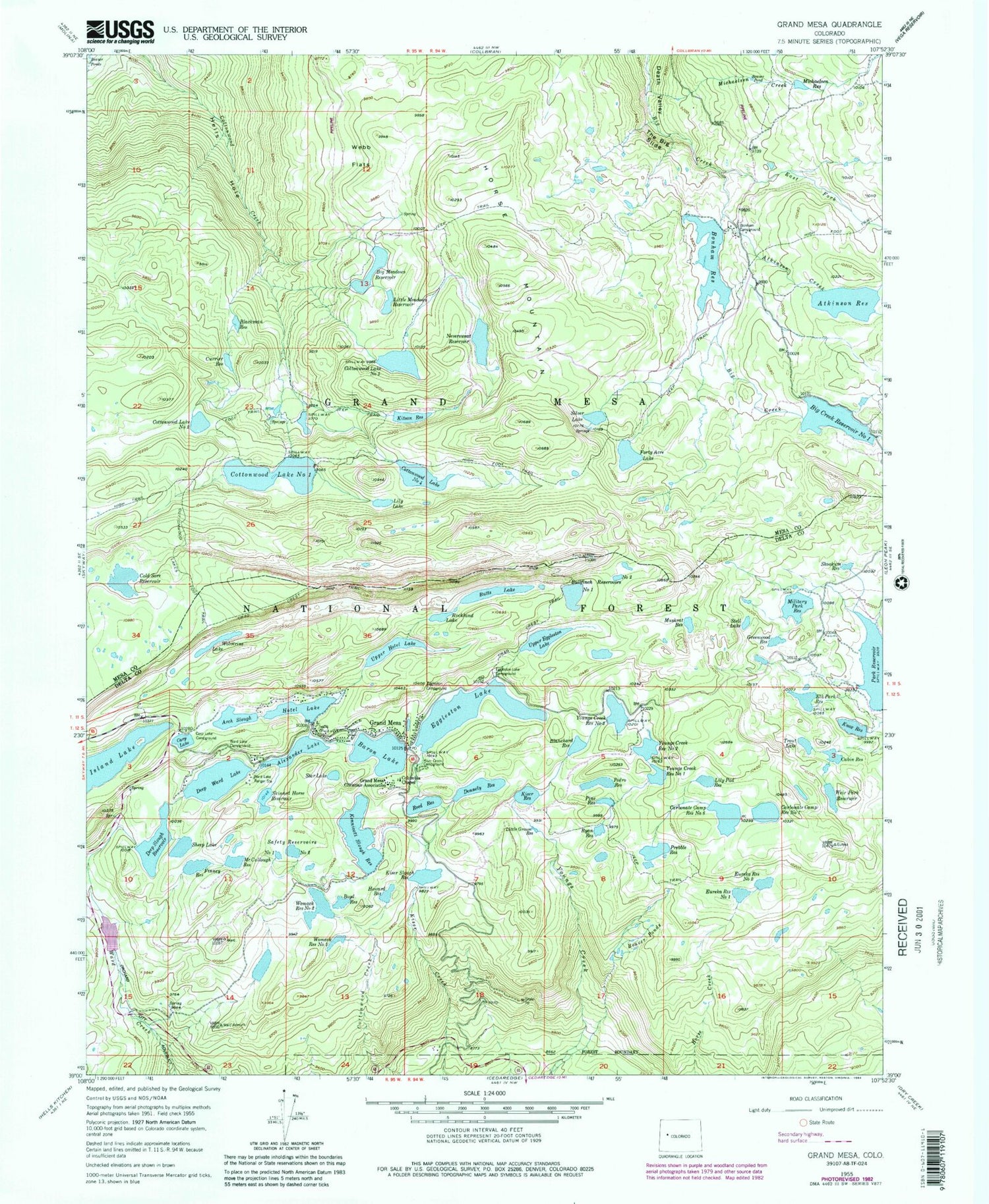 Classic USGS Grand Mesa Colorado 7.5'x7.5' Topo Map Image