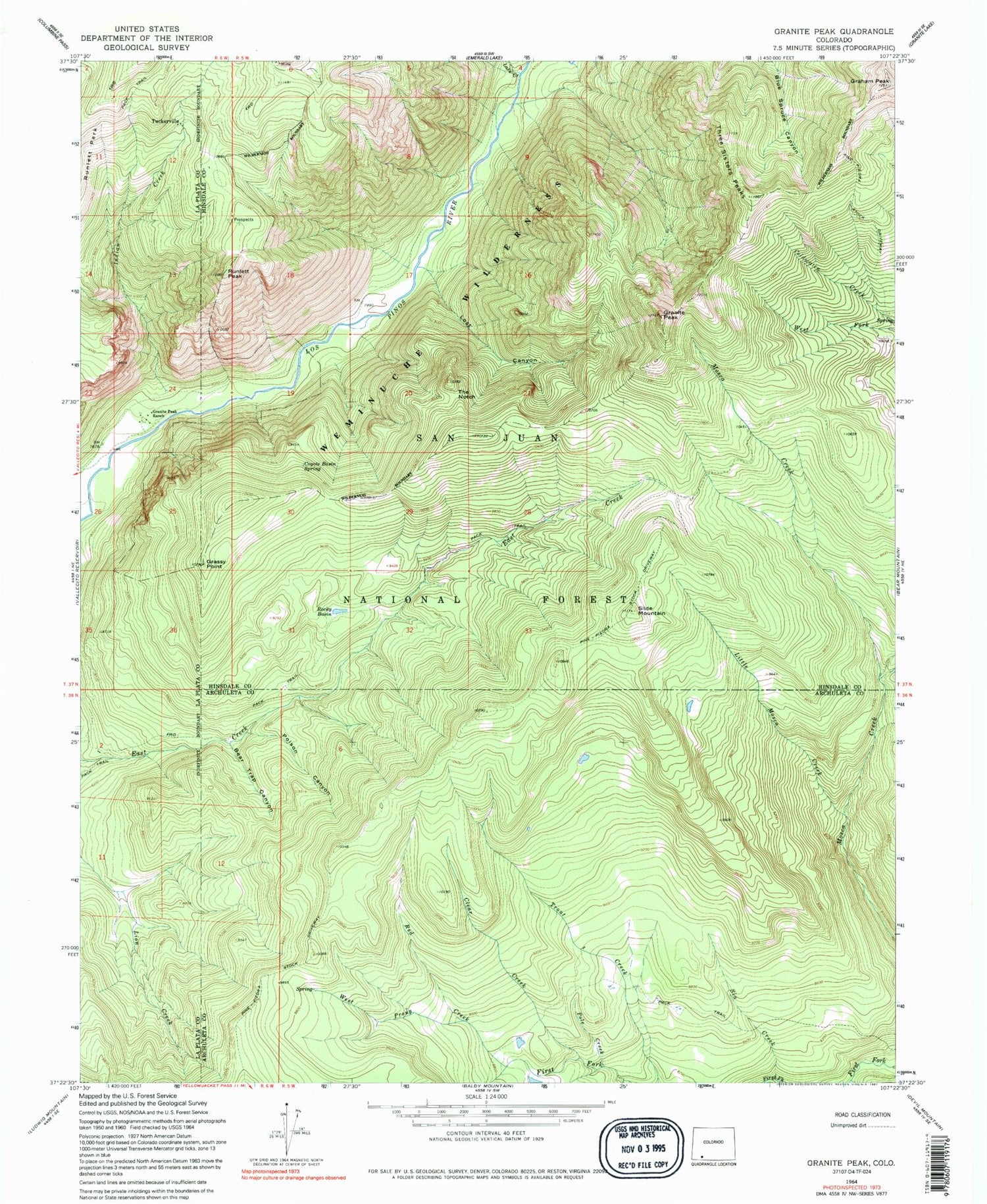 Classic USGS Granite Peak Colorado 7.5'x7.5' Topo Map Image