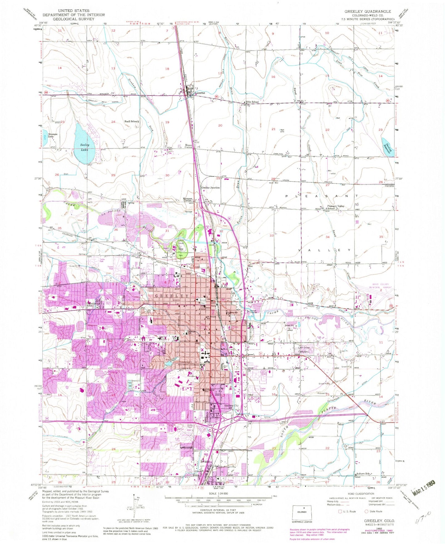 Classic USGS Greeley Colorado 7.5'x7.5' Topo Map Image