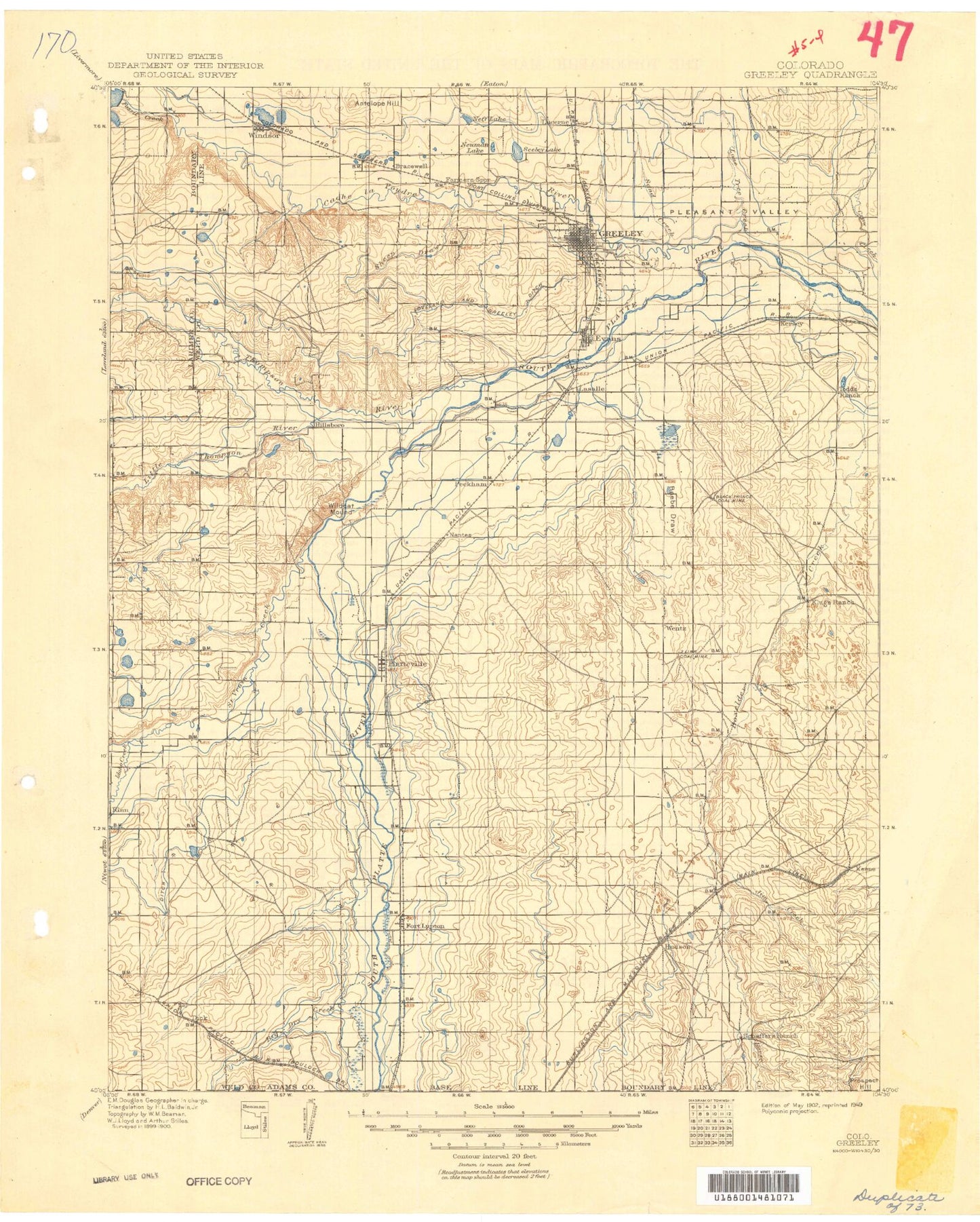 Historic 1902 Greeley Colorado 30'x30' Topo Map Image
