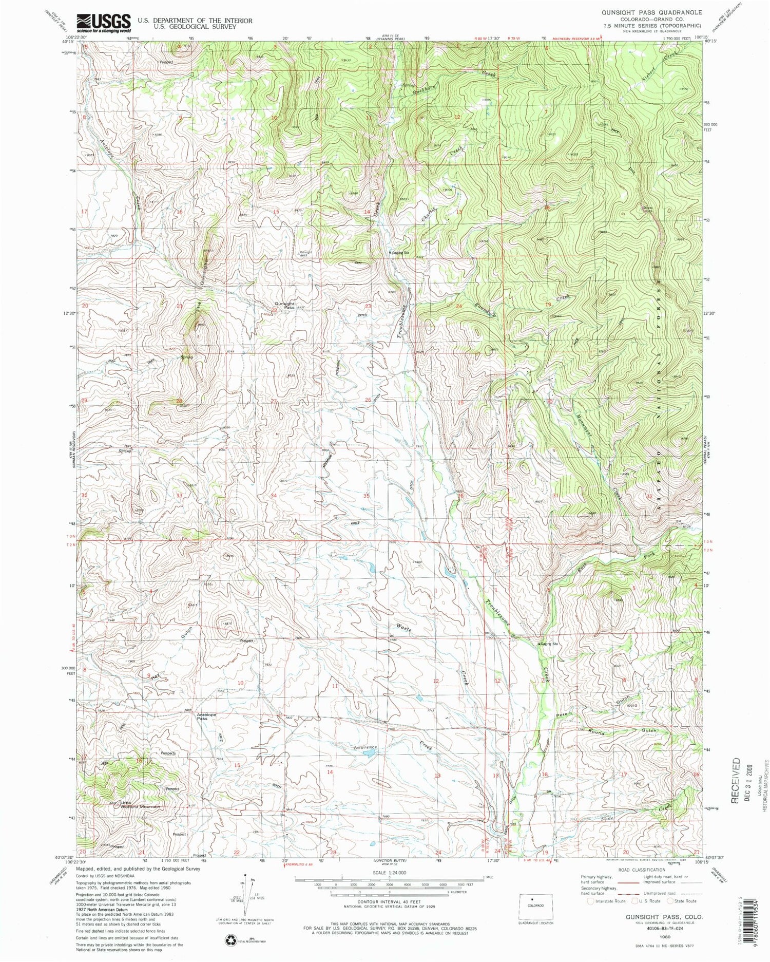 Classic USGS Gunsight Pass Colorado 7.5'x7.5' Topo Map Image