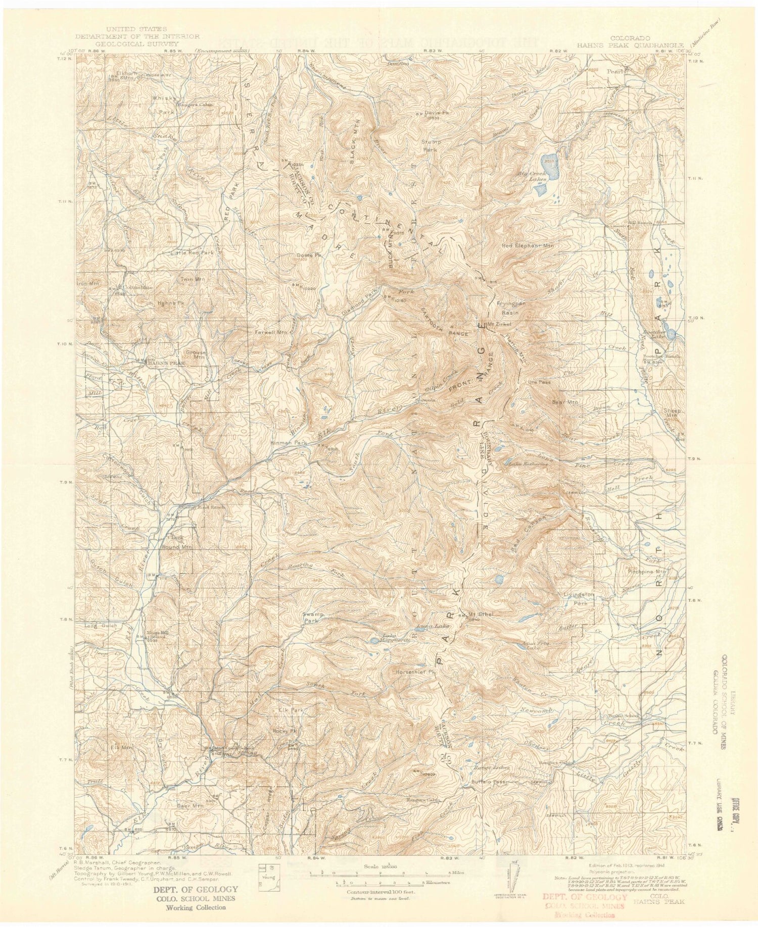 Historic 1913 Hahns Peak Colorado 30'x30' Topo Map Image