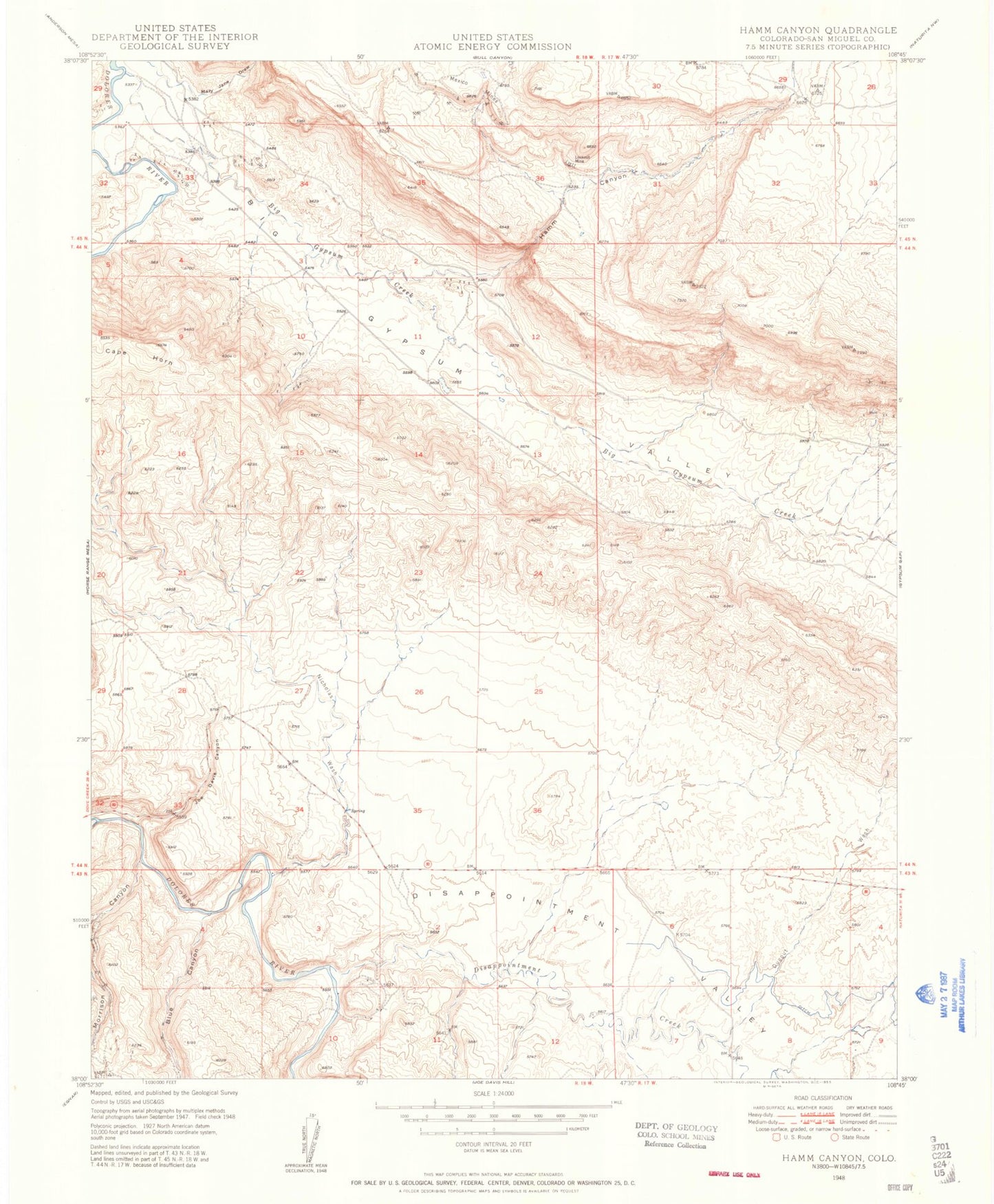 Classic USGS Hamm Canyon Colorado 7.5'x7.5' Topo Map Image