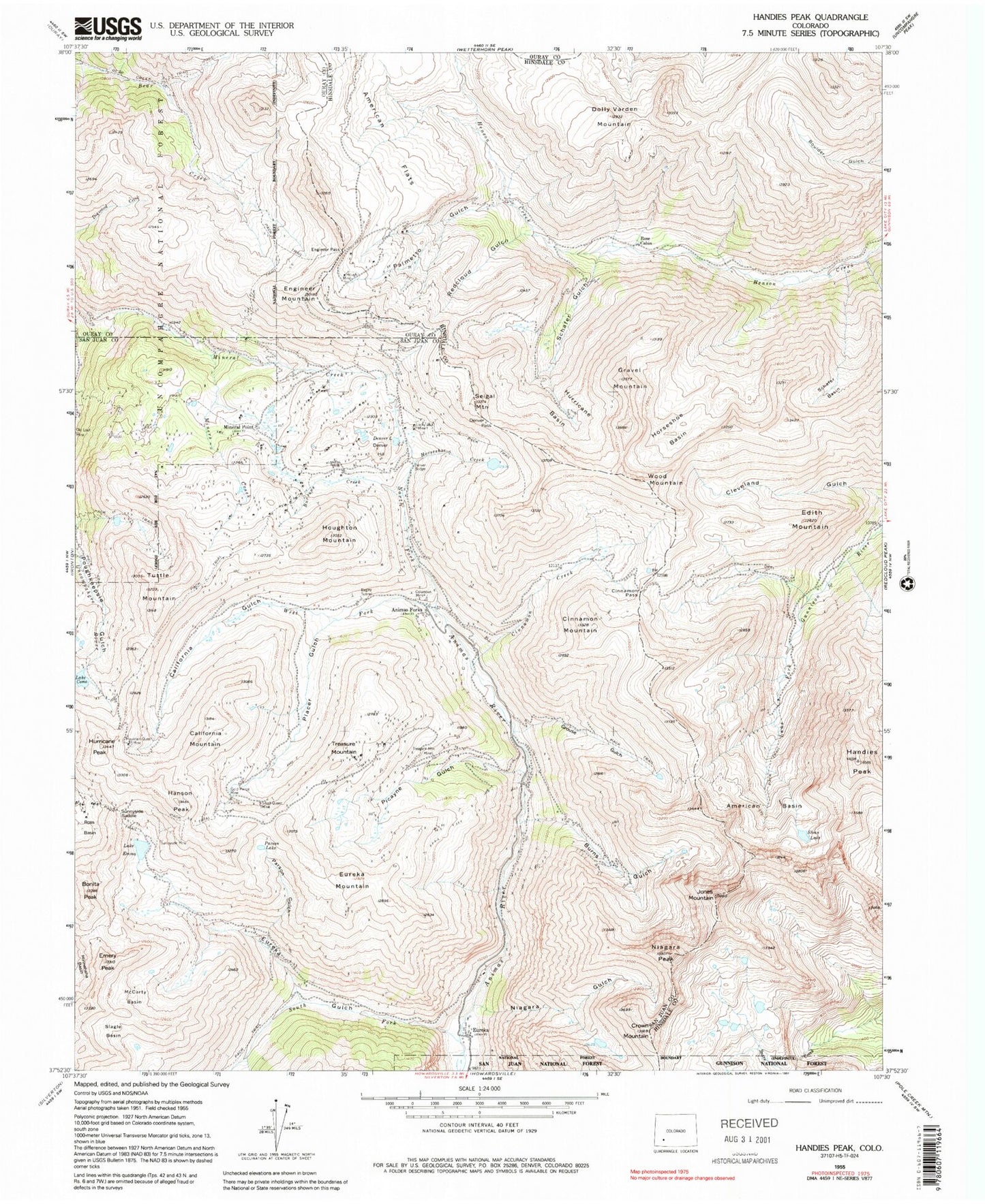 Classic USGS Handies Peak Colorado 7.5'x7.5' Topo Map Image