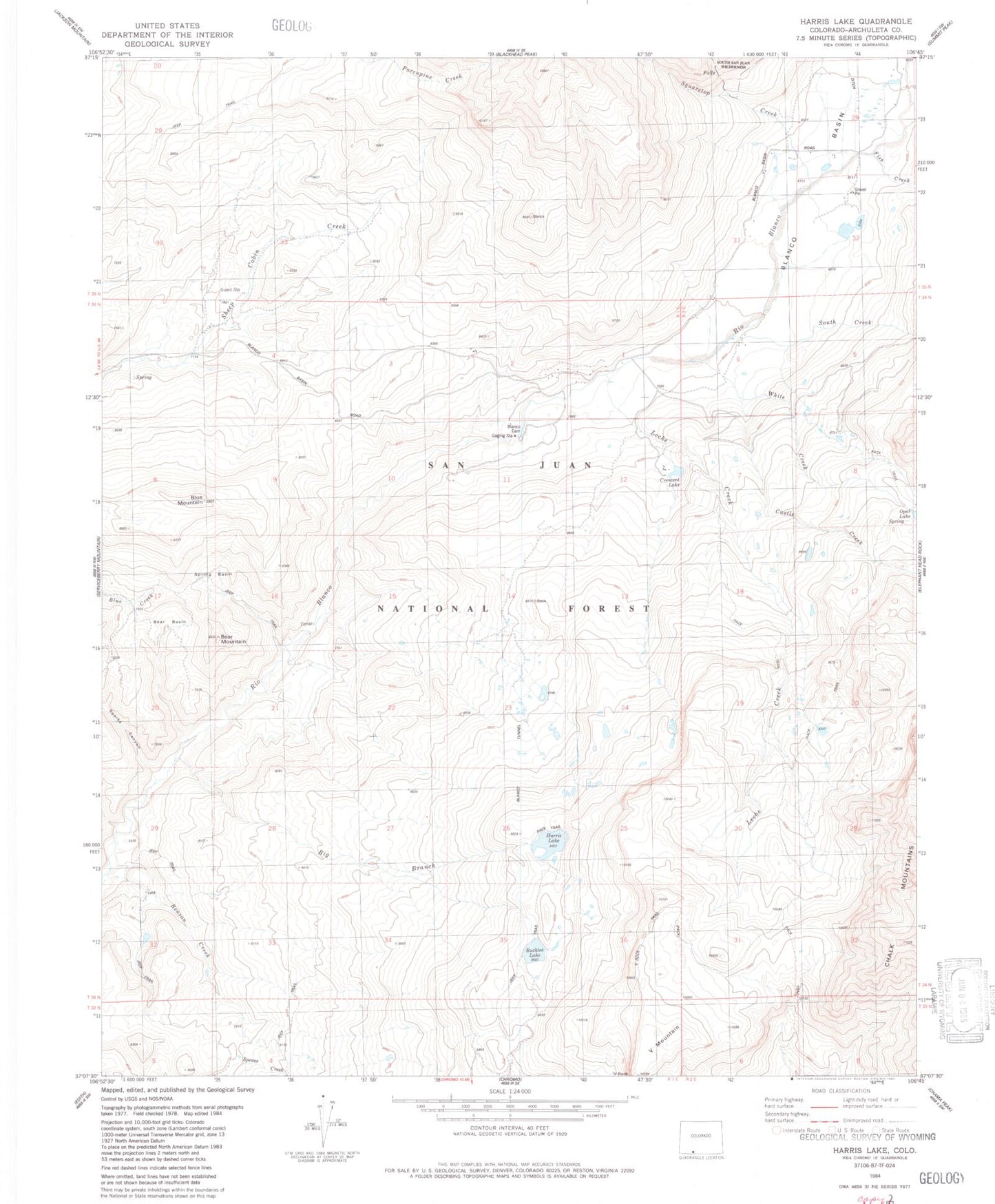 Classic USGS Harris Lake Colorado 7.5'x7.5' Topo Map Image