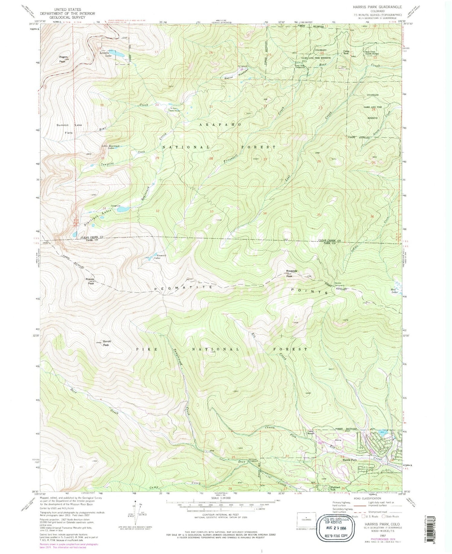 Classic USGS Harris Park Colorado 7.5'x7.5' Topo Map Image