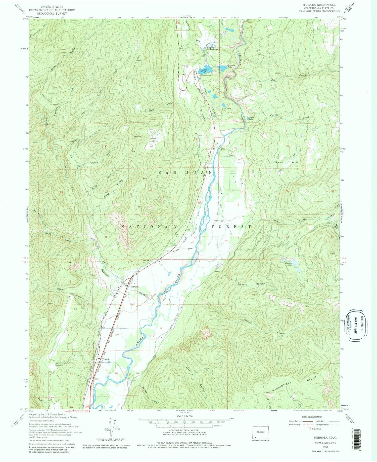 Classic USGS Hermosa Colorado 7.5'x7.5' Topo Map Image