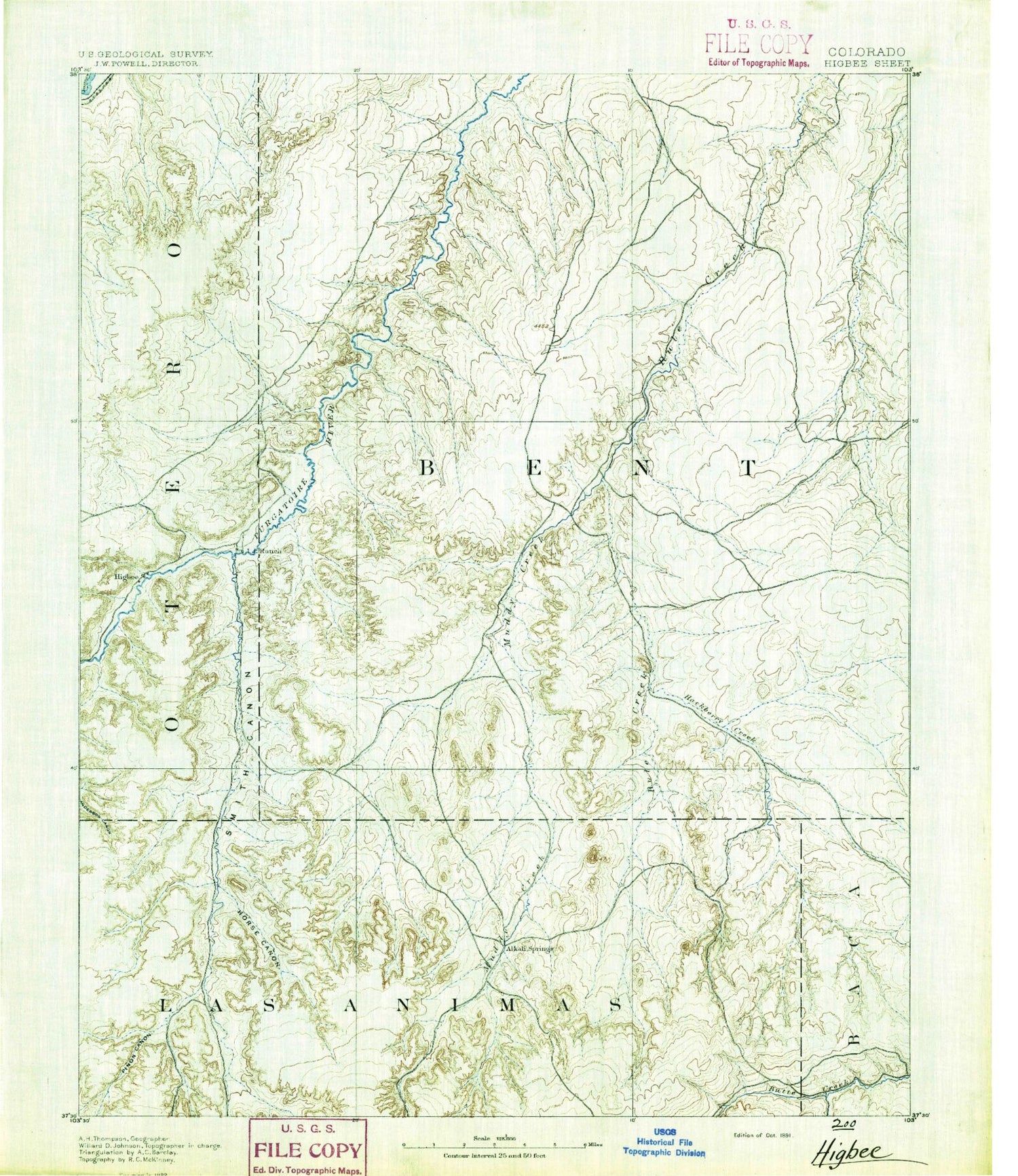 Historic 1891 Higbee Colorado 30'x30' Topo Map Image
