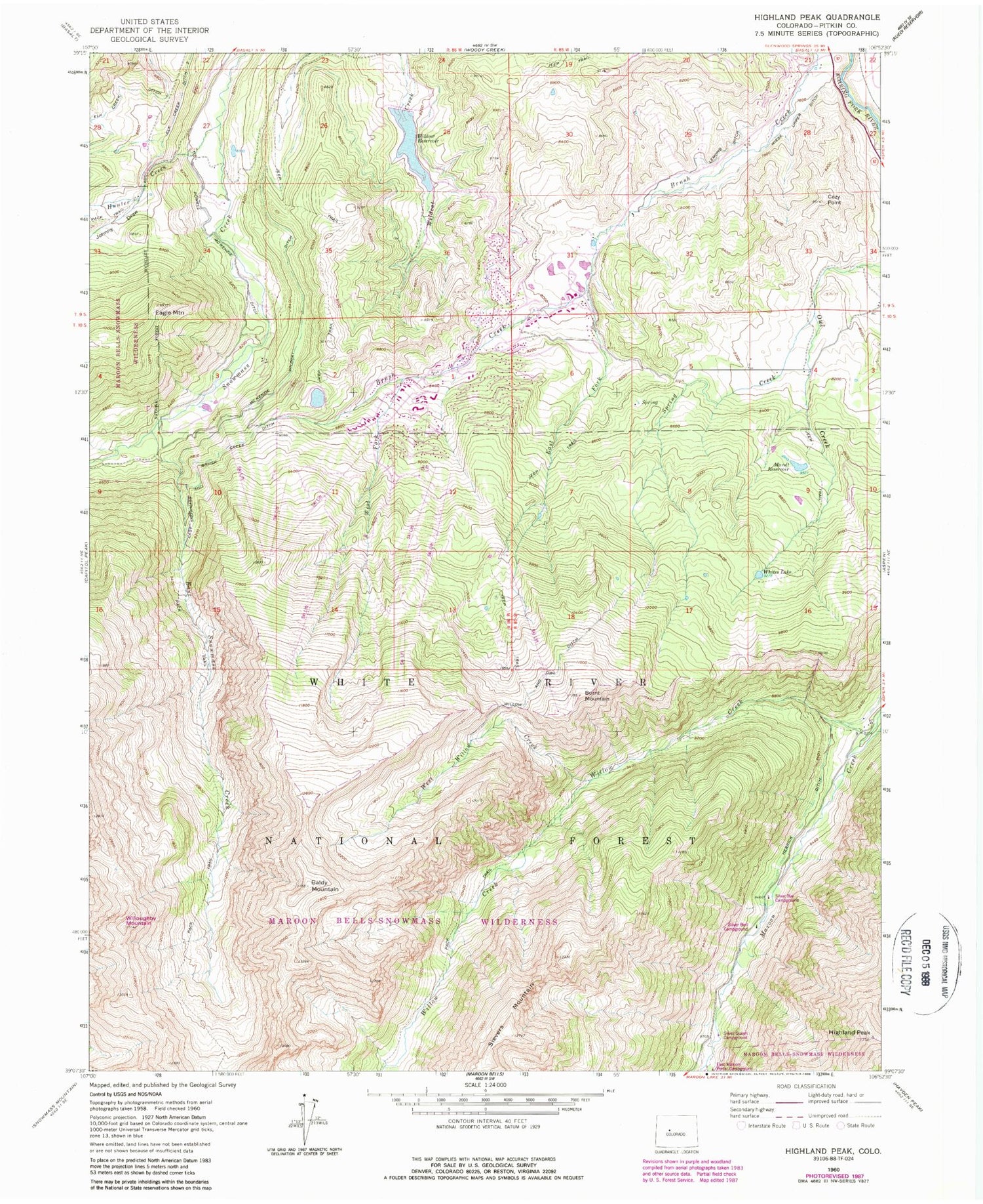 Classic USGS Highland Peak Colorado 7.5'x7.5' Topo Map Image