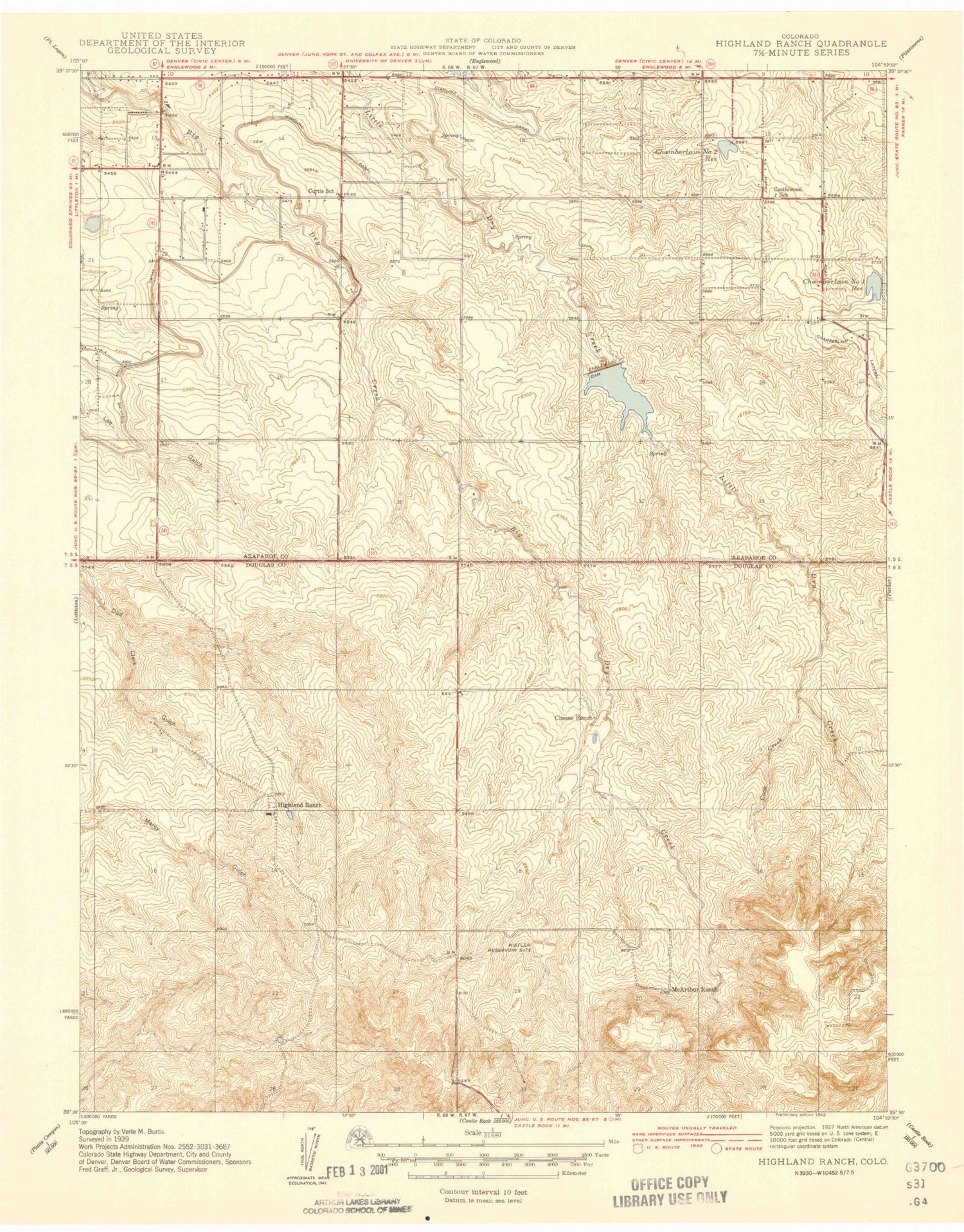 Classic USGS Highlands Ranch Colorado 7.5'x7.5' Topo Map Image