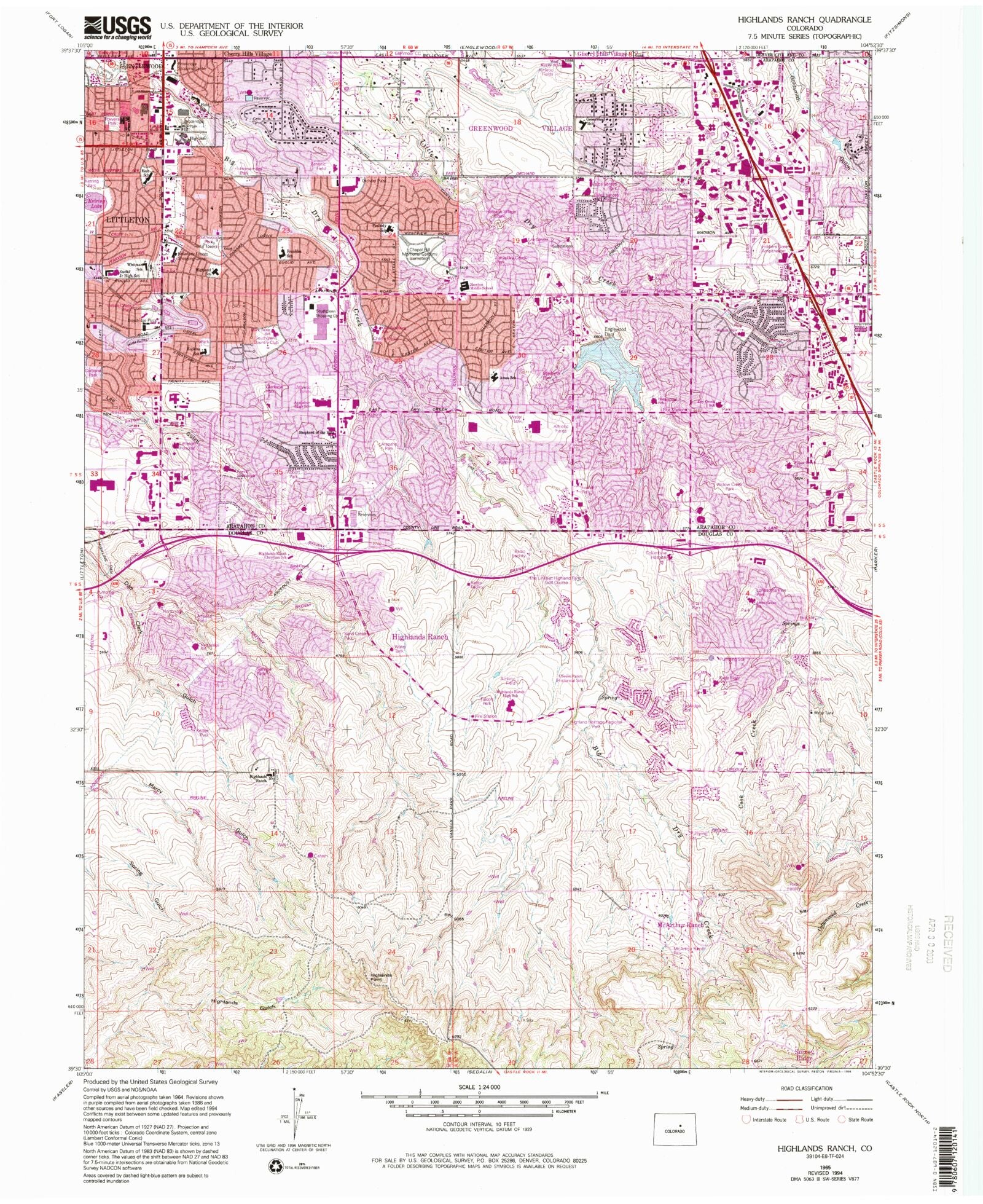 Classic USGS Highlands Ranch Colorado 7.5'x7.5' Topo Map – MyTopo Map Store