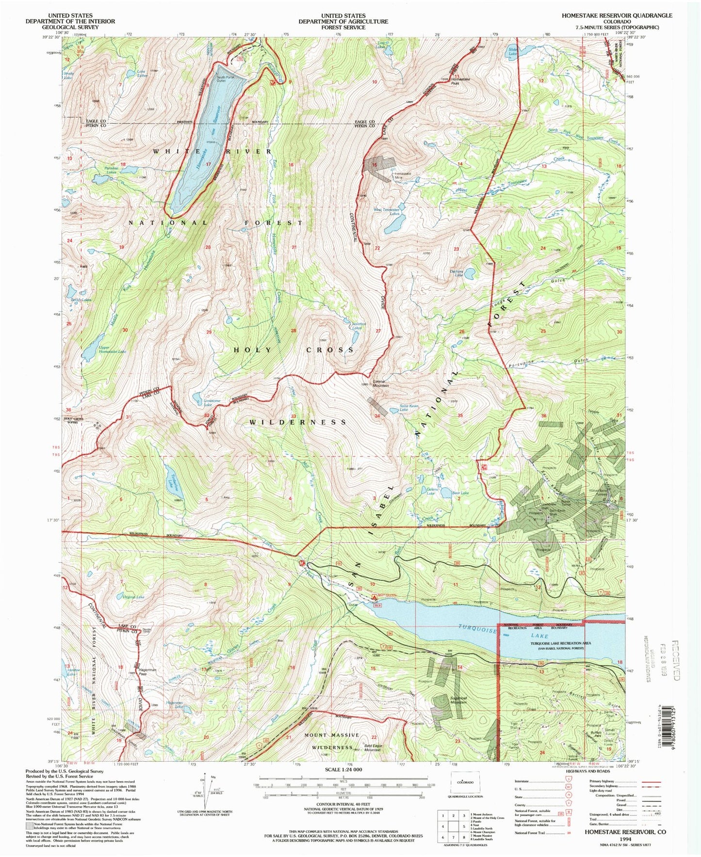 Classic USGS Homestake Reservoir Colorado 7.5'x7.5' Topo Map Image
