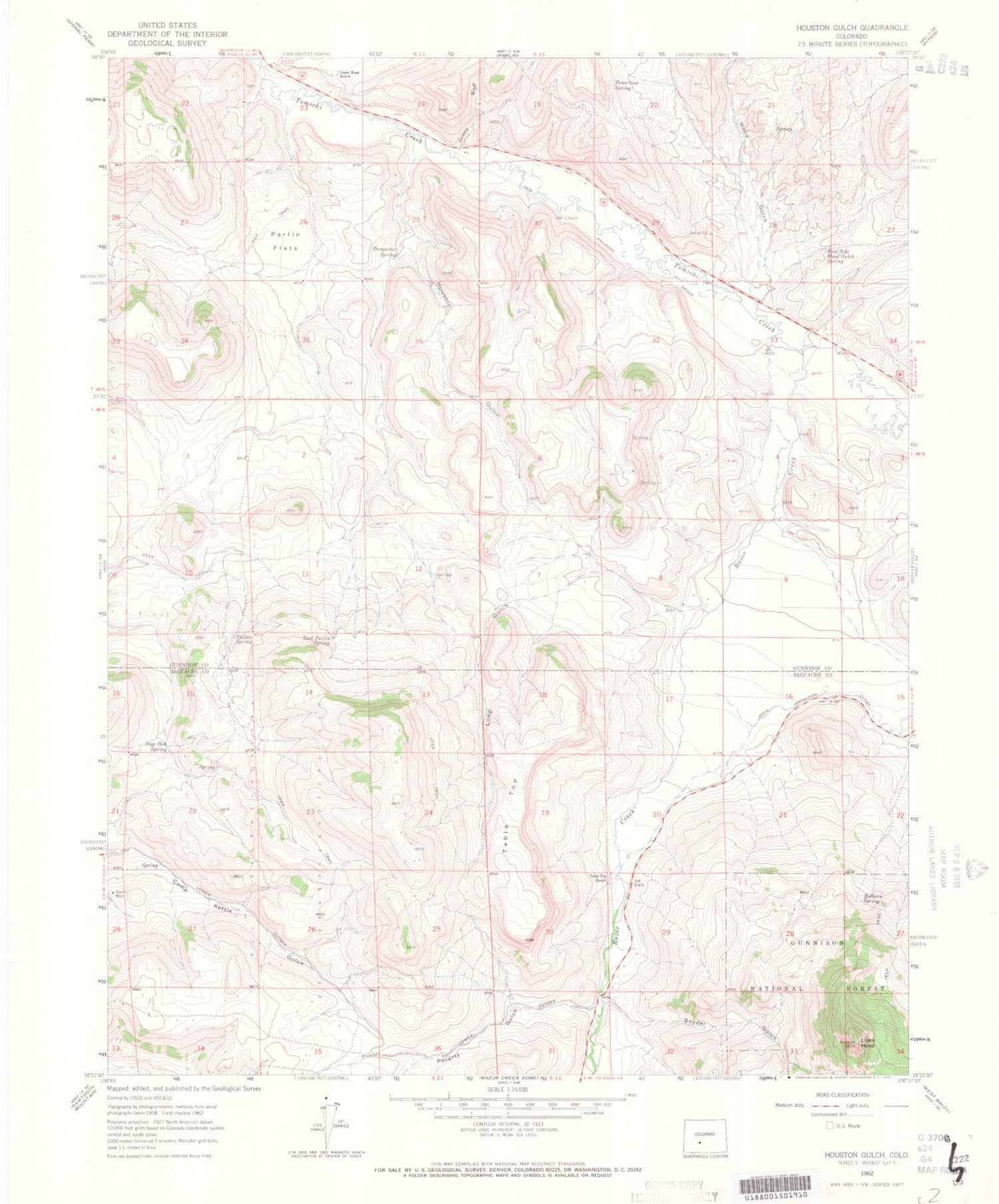 Classic USGS Houston Gulch Colorado 7.5'x7.5' Topo Map Image