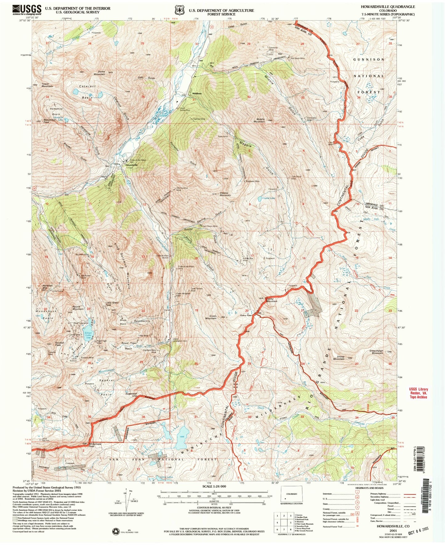 Classic USGS Howardsville Colorado 7.5'x7.5' Topo Map Image