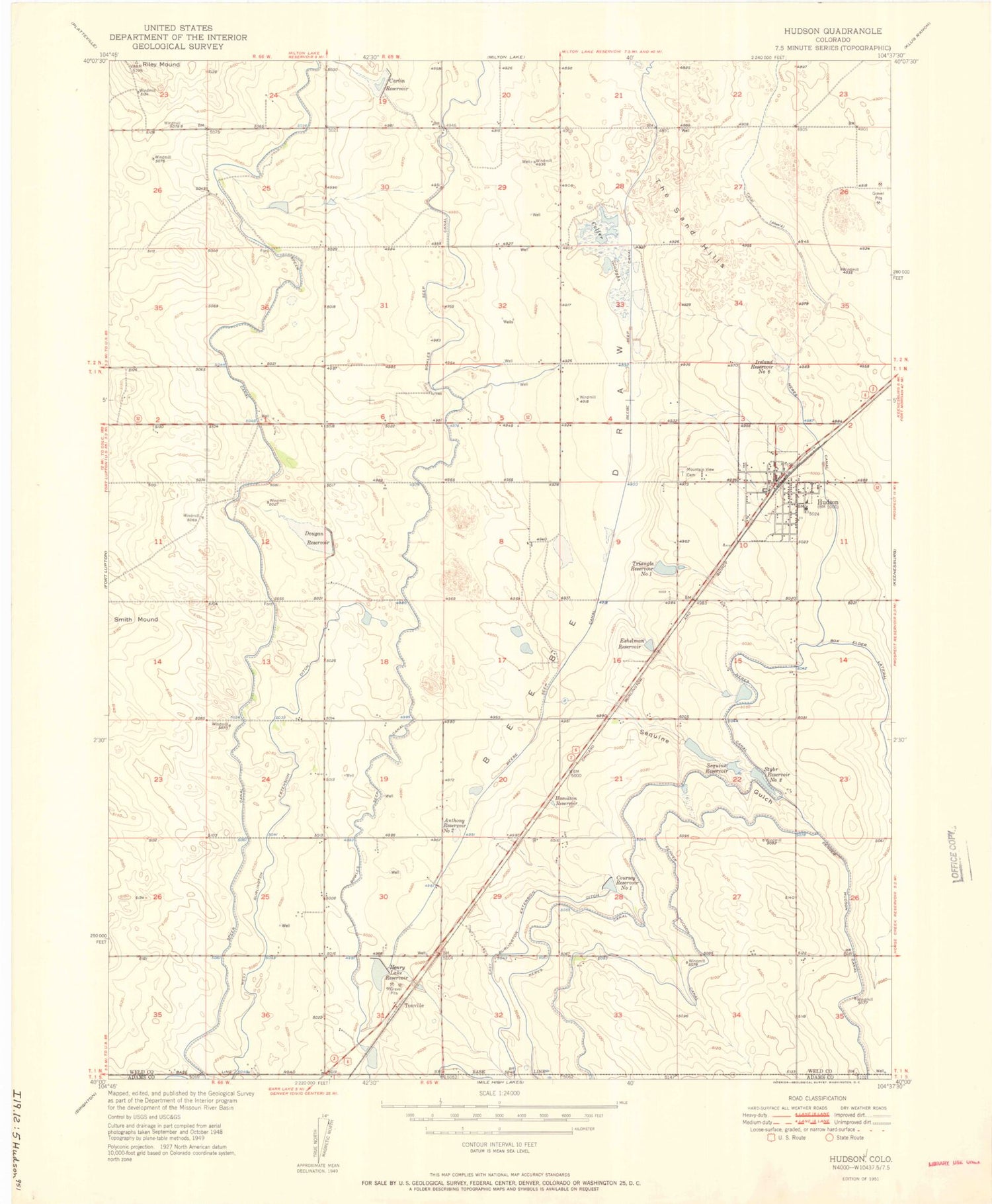 Classic USGS Hudson Colorado 7.5'x7.5' Topo Map Image