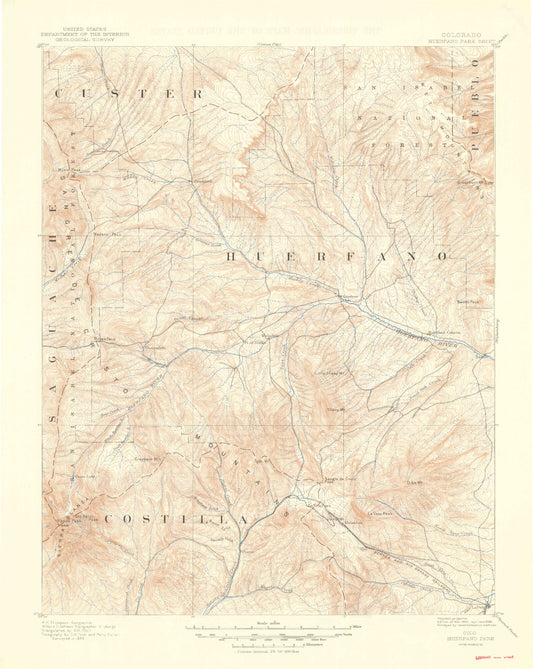 Historic 1892 Huerfano Park Colorado 30'x30' Topo Map Image