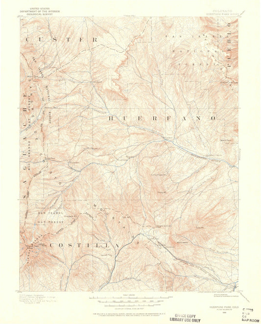Historic 1889 Huerfano Park Colorado 30'x30' Topo Map Image