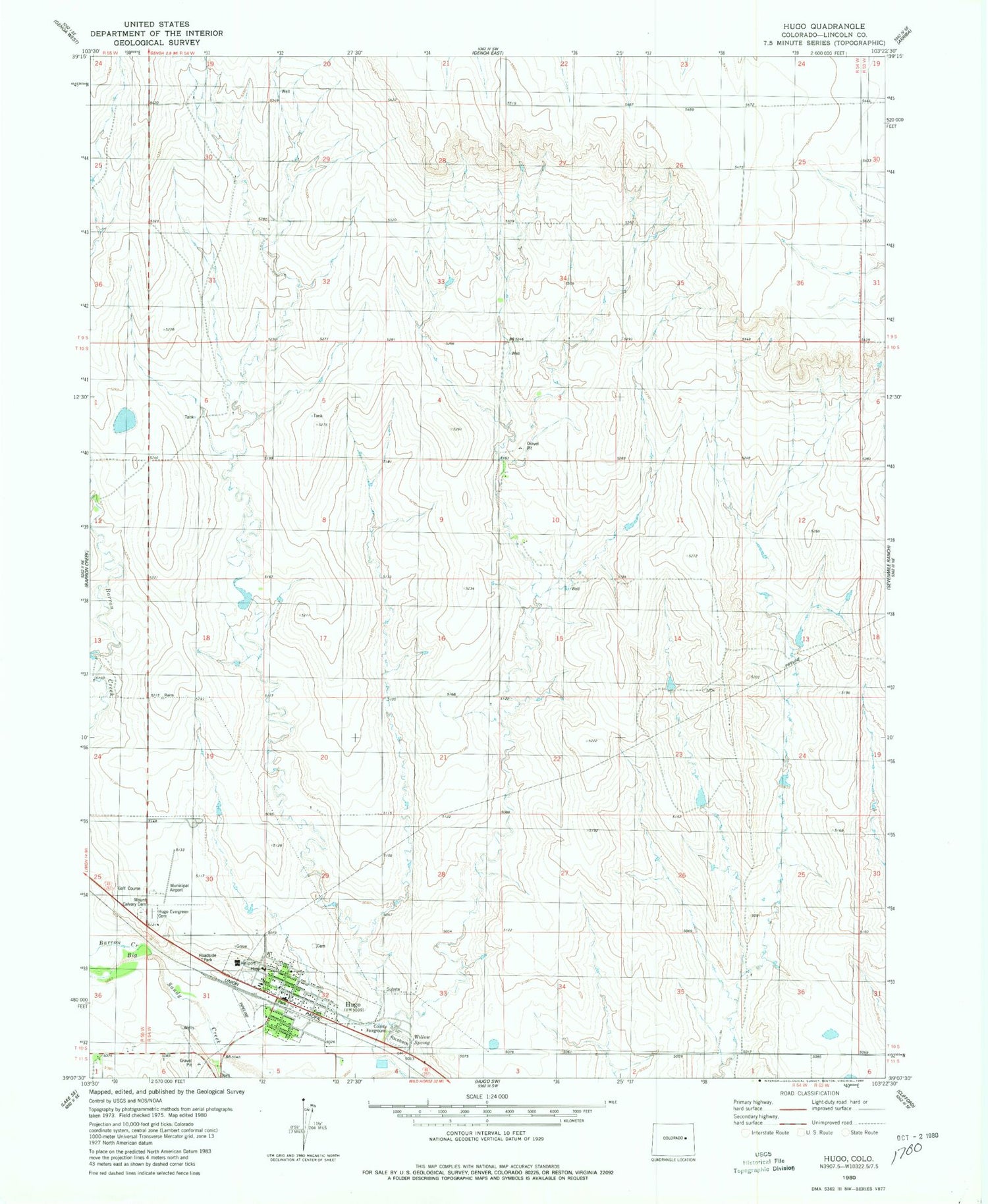 Classic USGS Hugo Colorado 7.5'x7.5' Topo Map Image