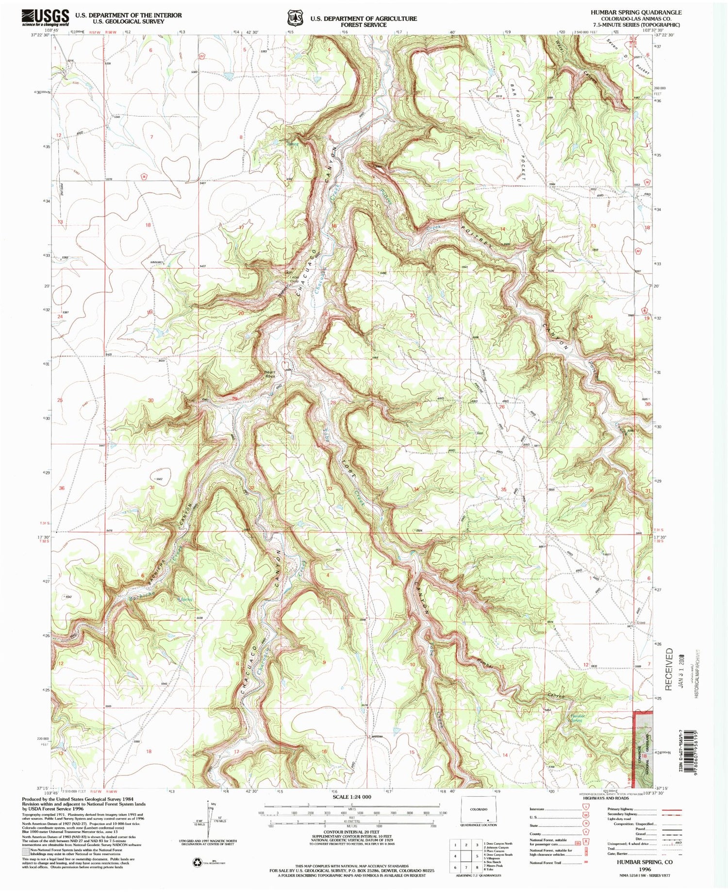 Classic USGS Humbar Spring Colorado 7.5'x7.5' Topo Map Image