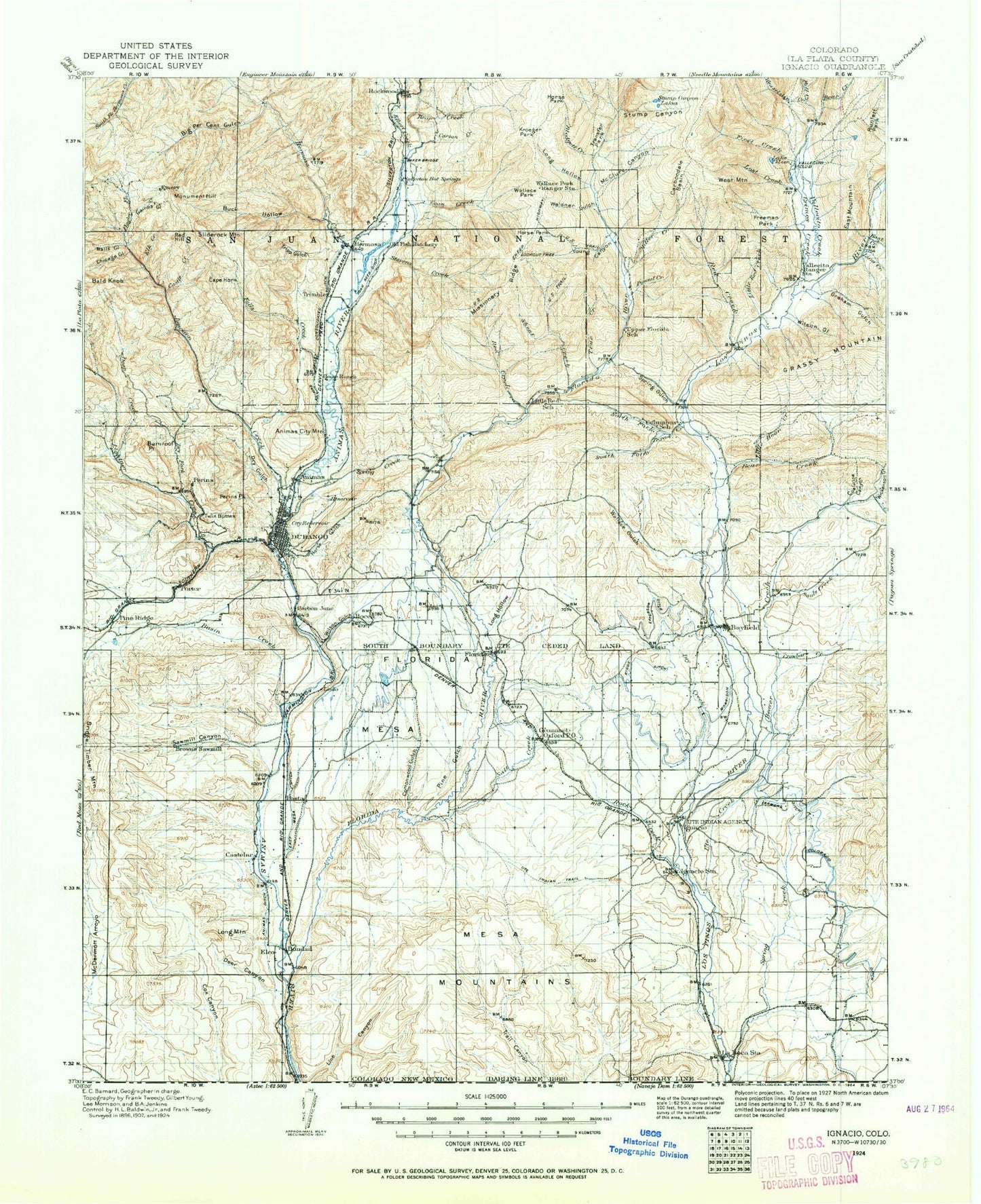 Historic 1924 Ignacio Colorado 30'x30' Topo Map Image