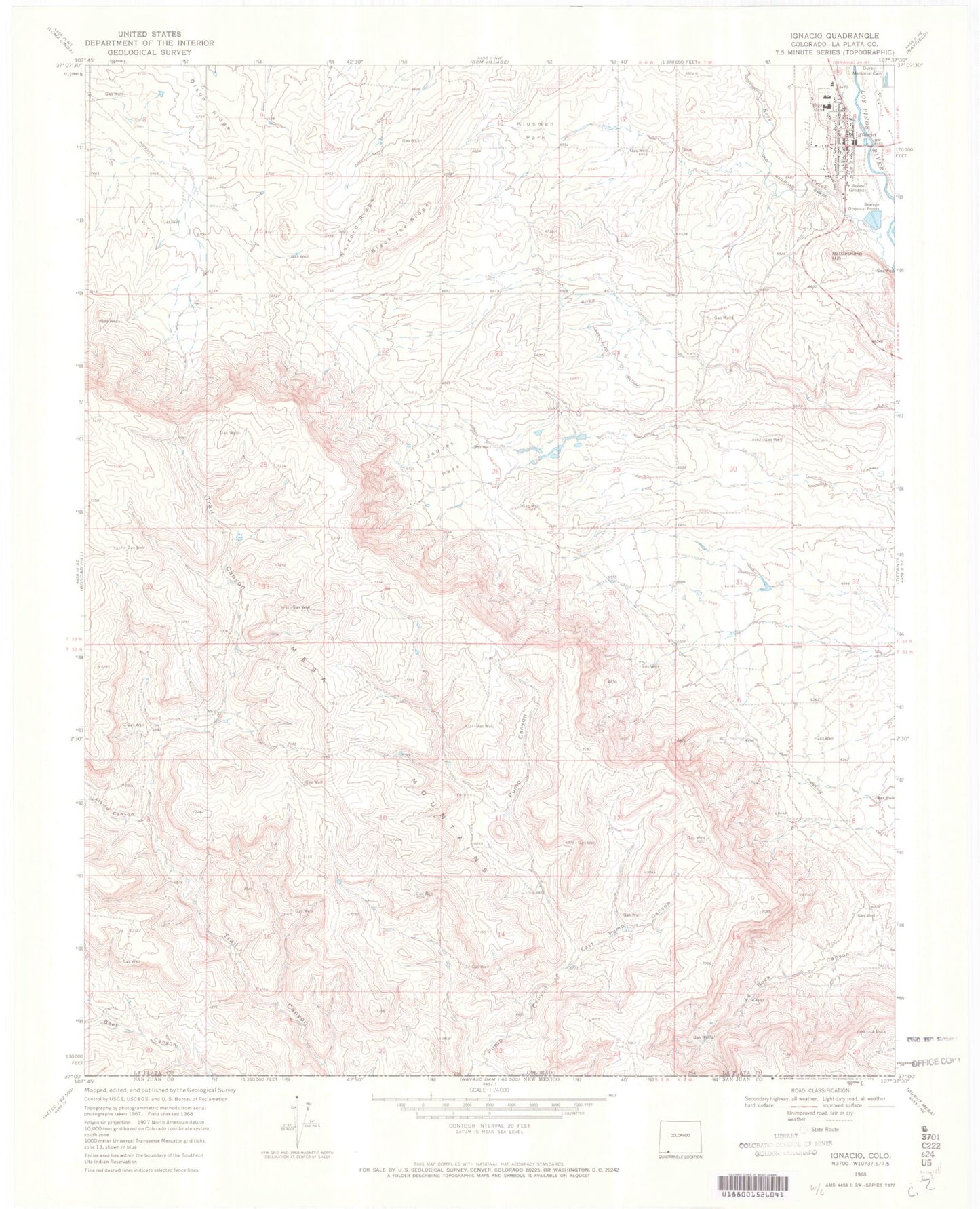 Classic USGS Ignacio Colorado 7.5'x7.5' Topo Map Image