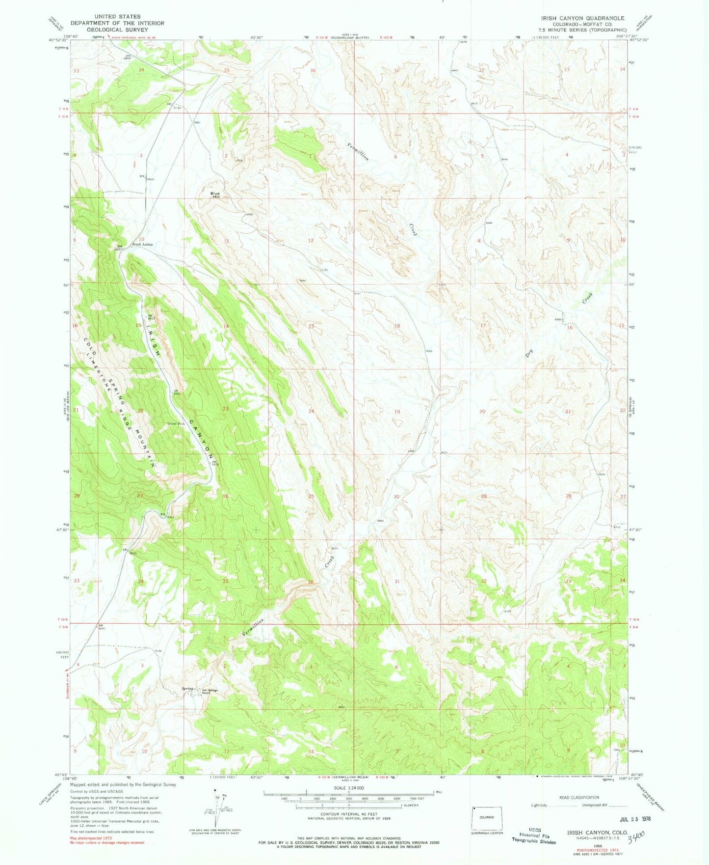 Classic USGS Irish Canyon Colorado 7.5'x7.5' Topo Map Image