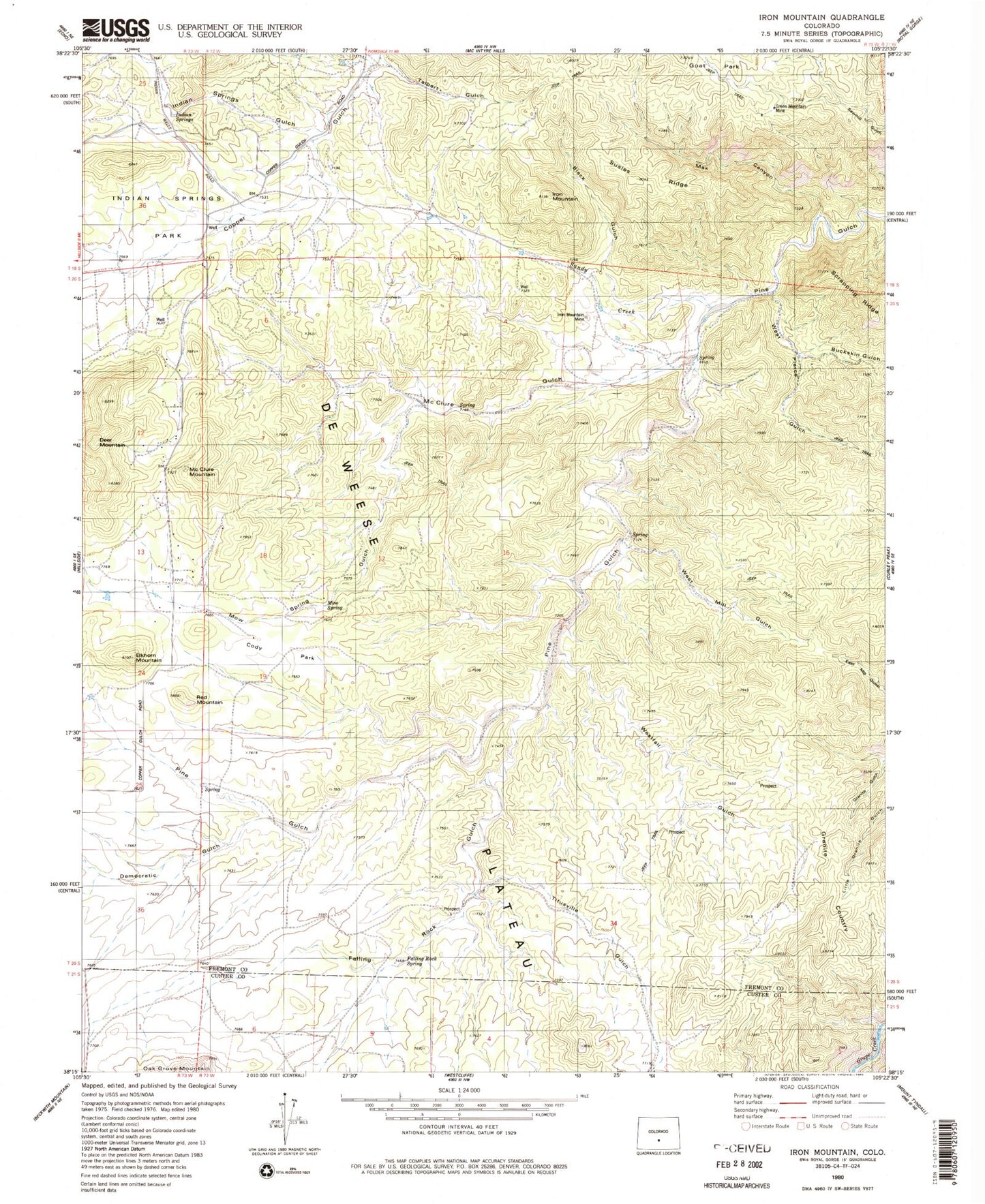 Classic USGS Iron Mountain Colorado 7.5'x7.5' Topo Map Image