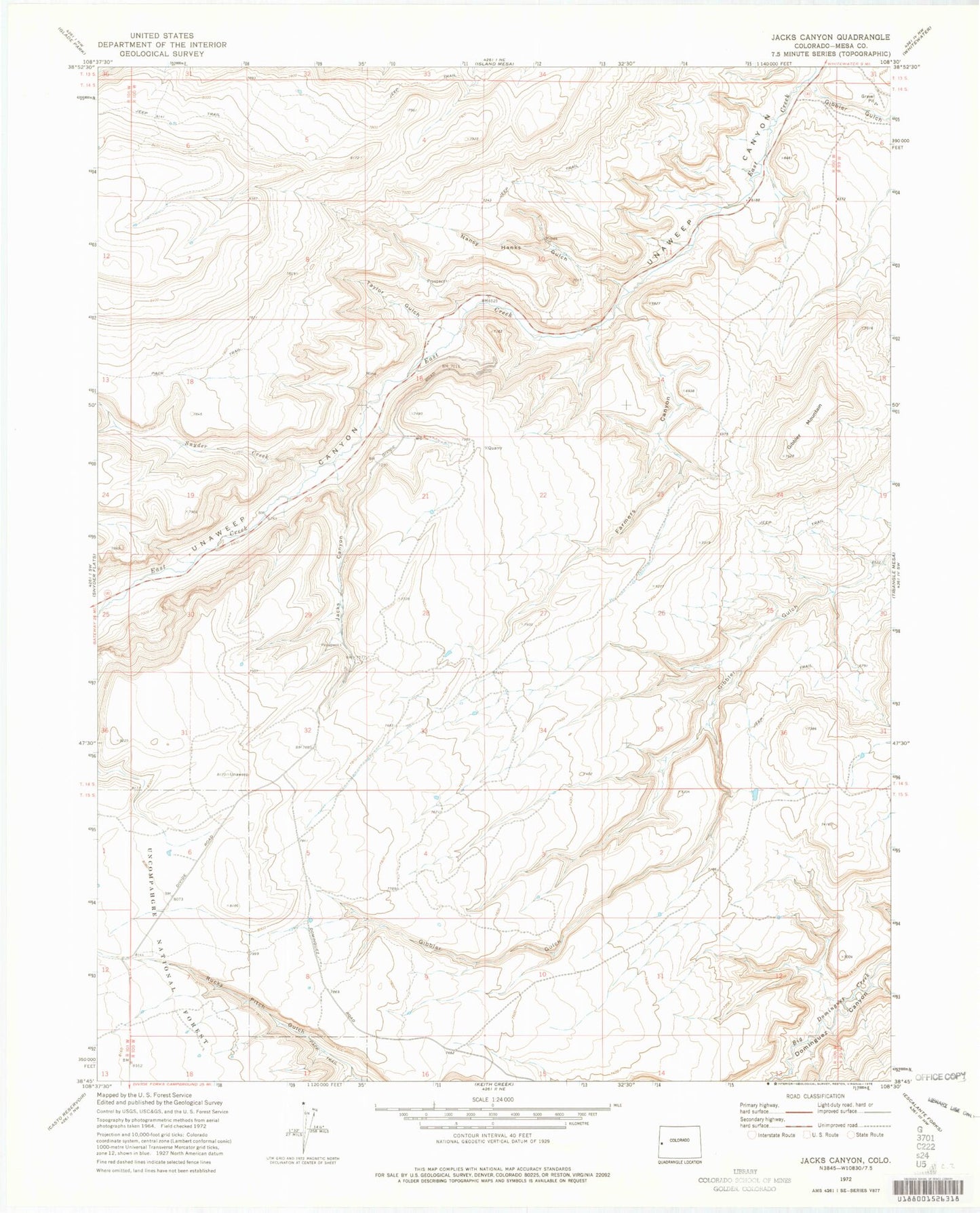 Classic USGS Jacks Canyon Colorado 7.5'x7.5' Topo Map Image