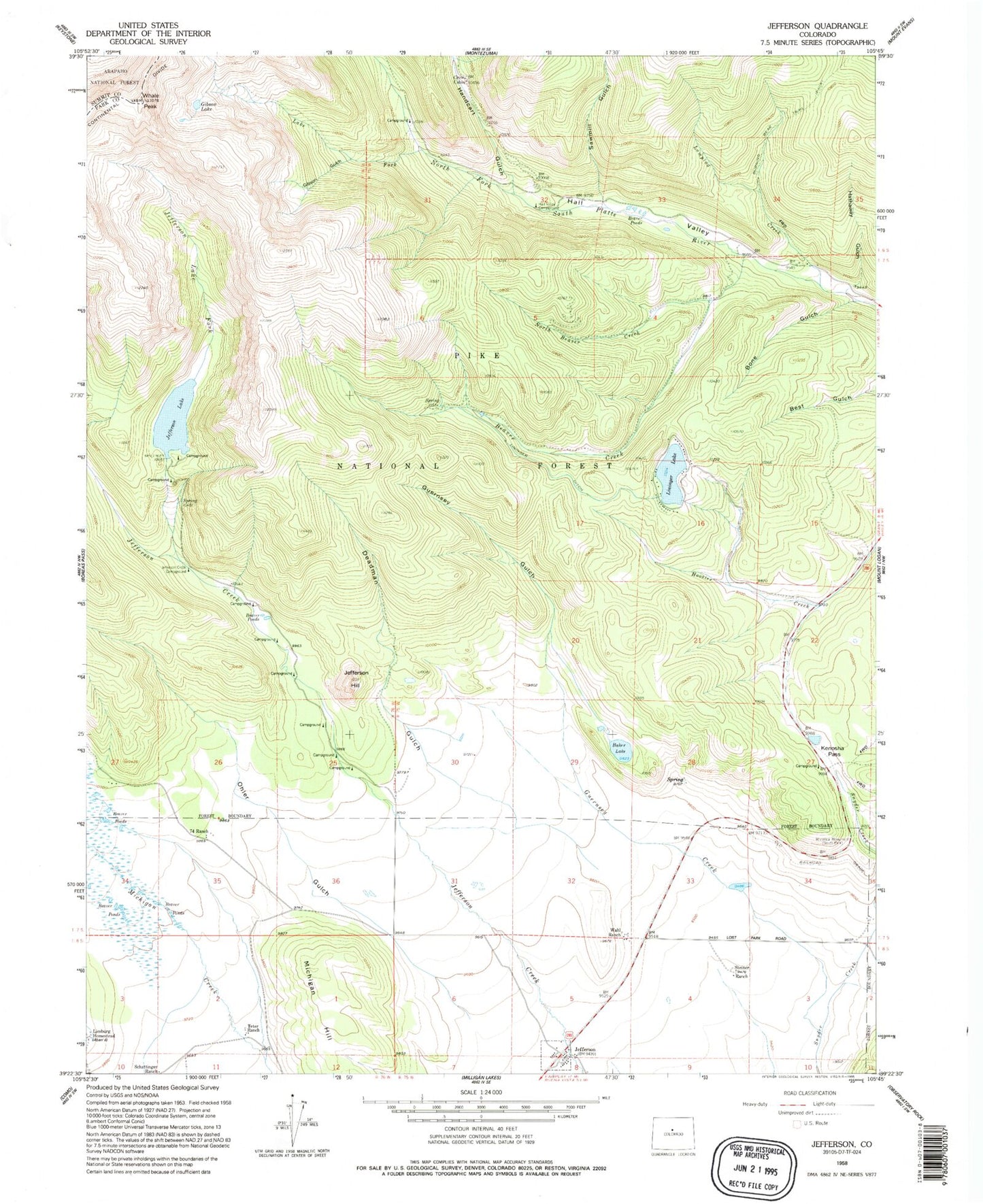 Classic USGS Jefferson Colorado 7.5'x7.5' Topo Map Image