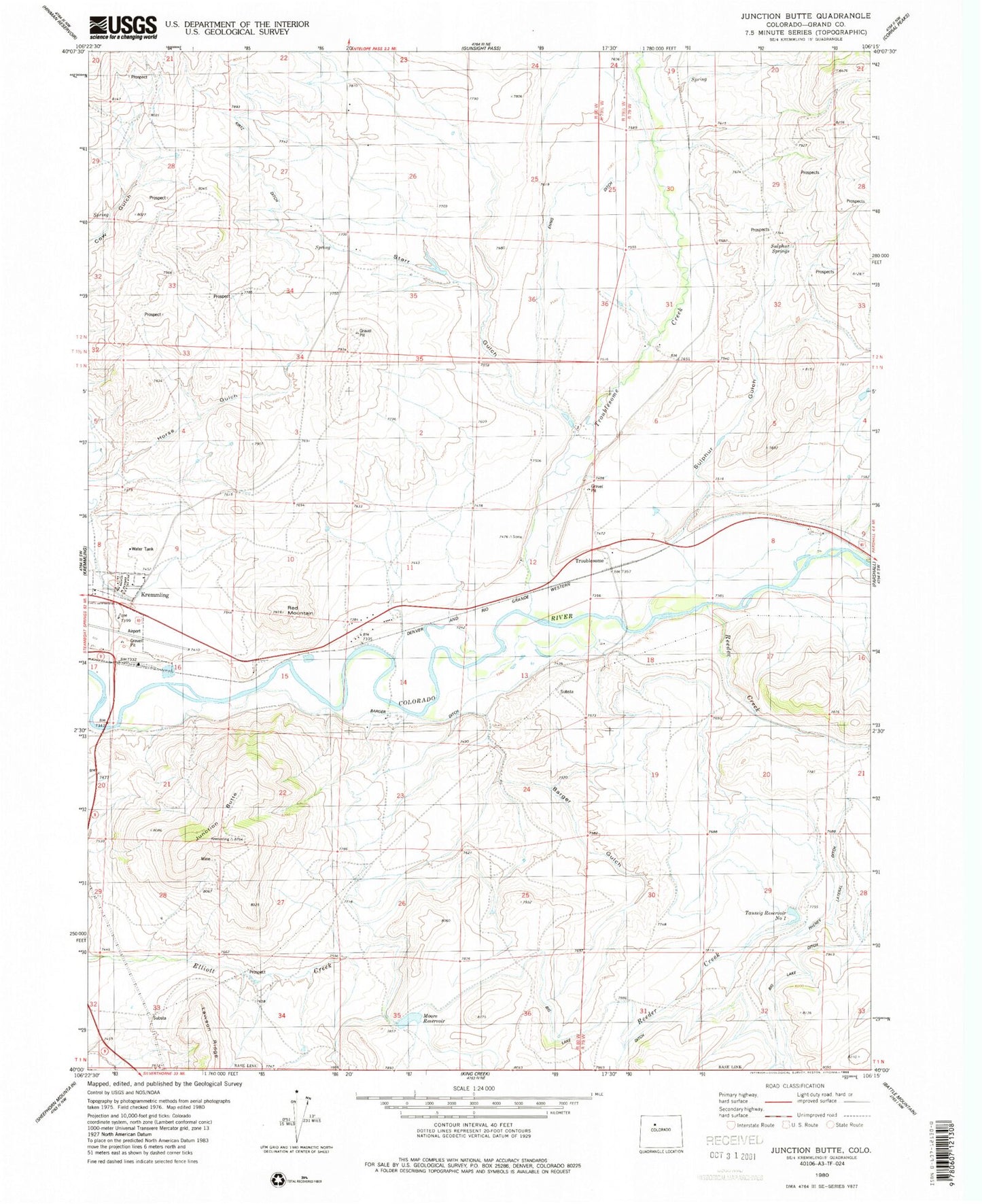 Classic USGS Junction Butte Colorado 7.5'x7.5' Topo Map Image