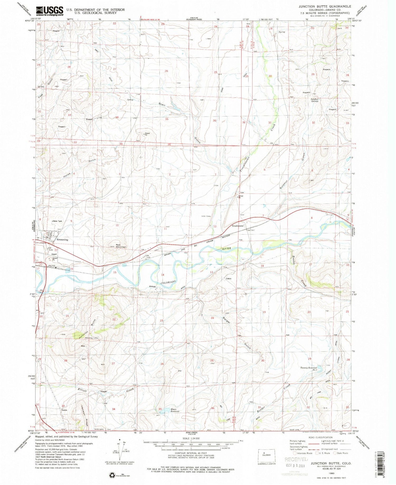 Classic USGS Junction Butte Colorado 7.5'x7.5' Topo Map Image