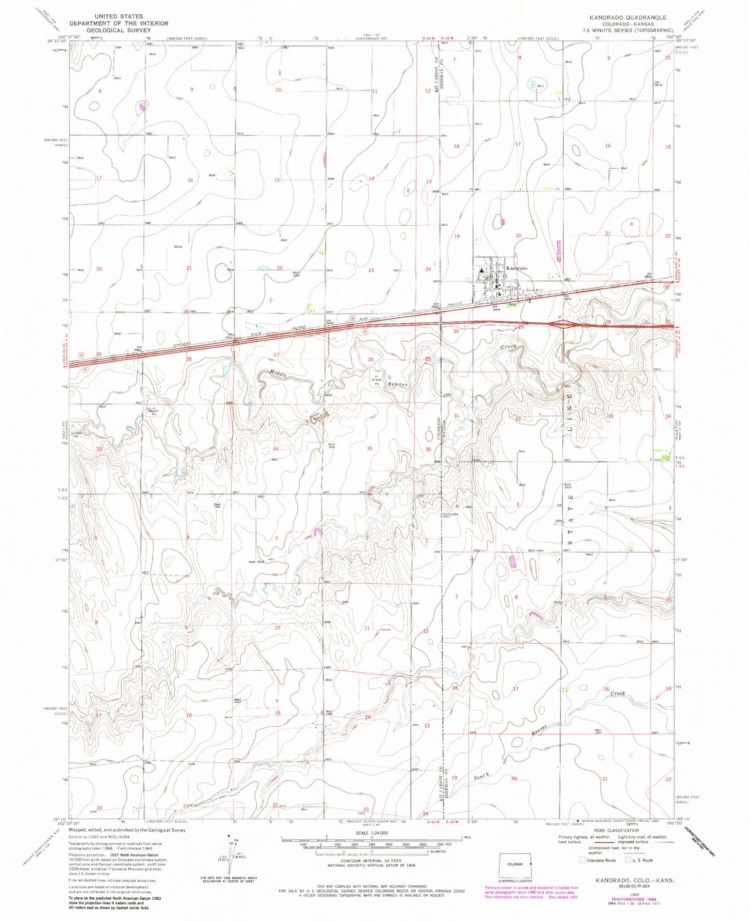 Classic USGS Kanorado Kansas 7.5'x7.5' Topo Map Image