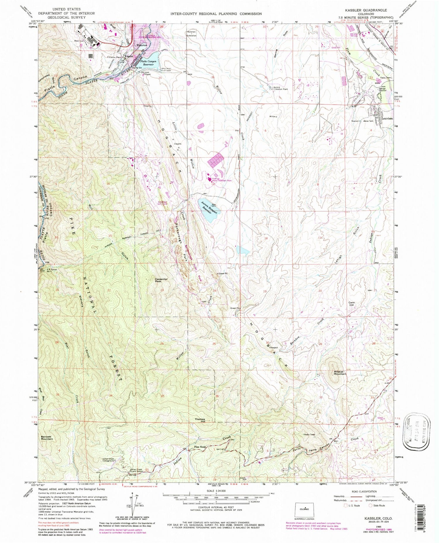 Classic USGS Kassler Colorado 7.5'x7.5' Topo Map Image