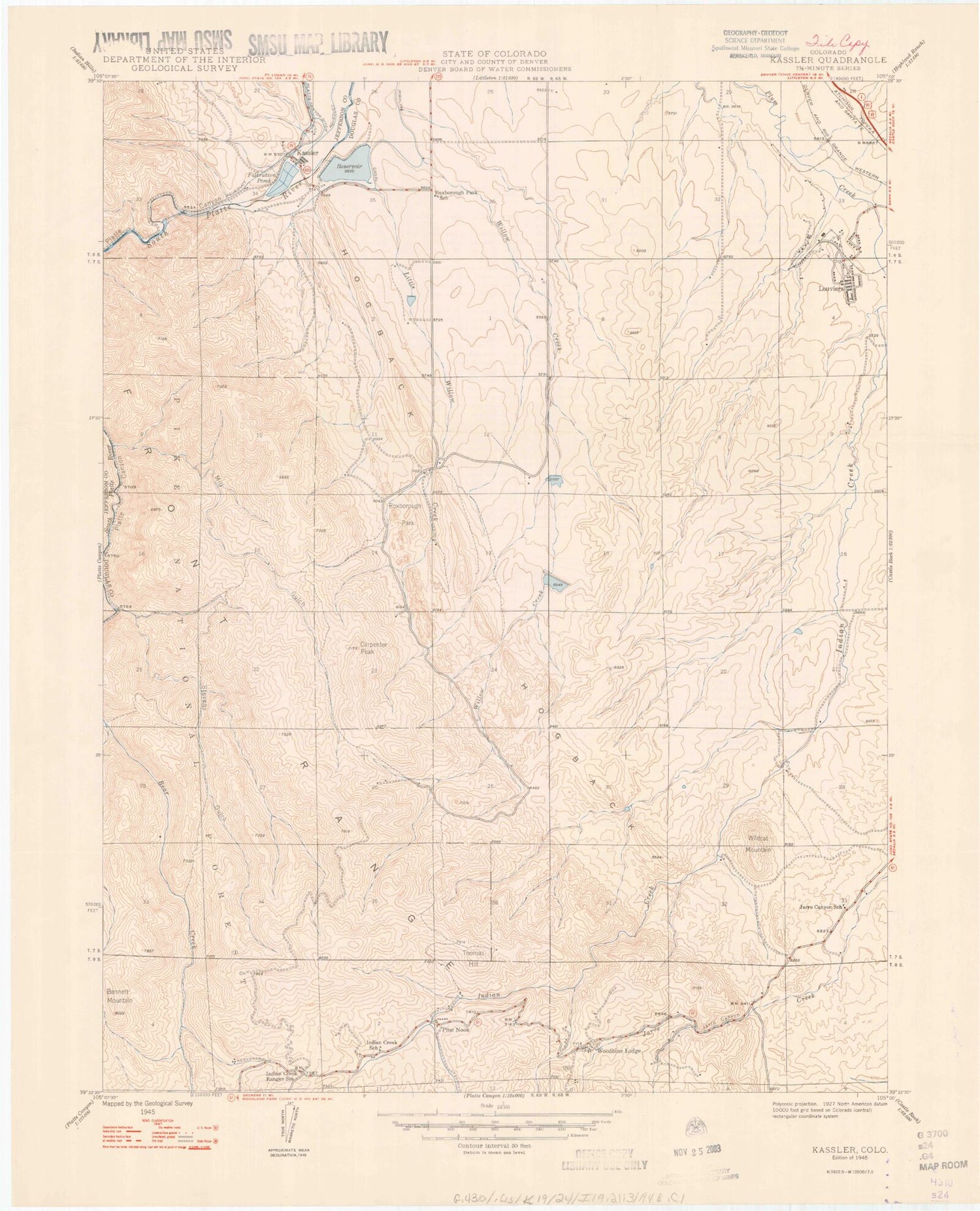 Classic USGS Kassler Colorado 7.5'x7.5' Topo Map Image