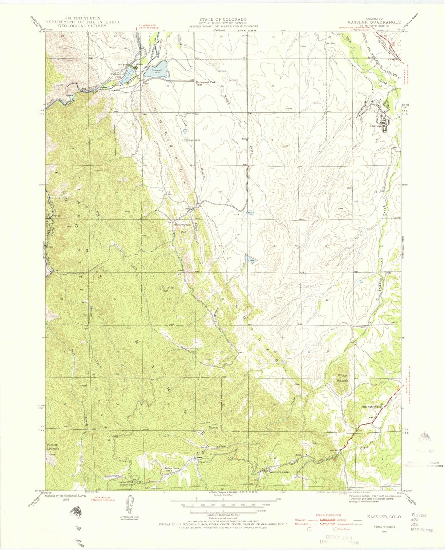 Classic USGS Kassler Colorado 7.5'x7.5' Topo Map Image