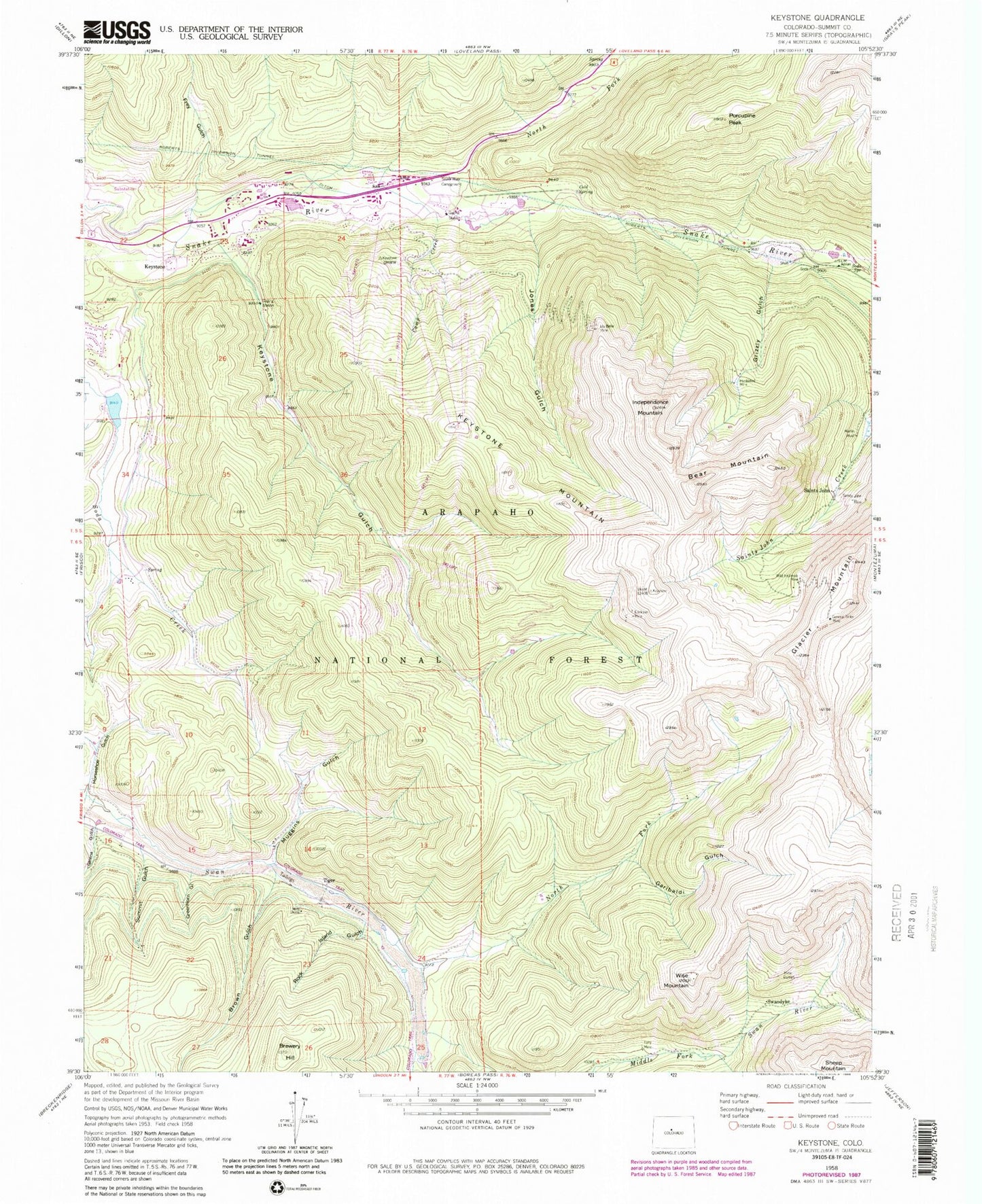 Classic USGS Keystone Colorado 7.5'x7.5' Topo Map Image