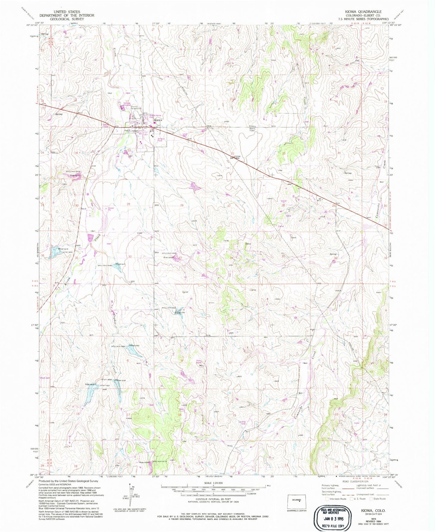 Classic USGS Kiowa Colorado 7.5'x7.5' Topo Map Image