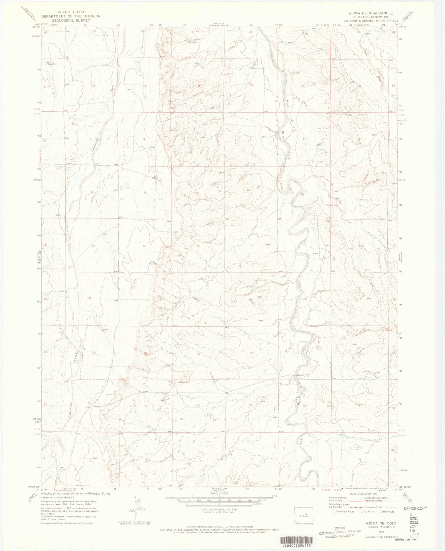Classic USGS Kiowa NE Colorado 7.5'x7.5' Topo Map Image